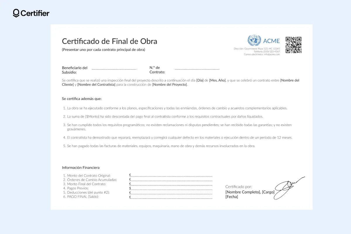 Certificado financiero de finalización de obra con tabla de pagos y código QR para verificación. Certificado financiero de finalización de obra con tabla de pagos y código QR para verificación.