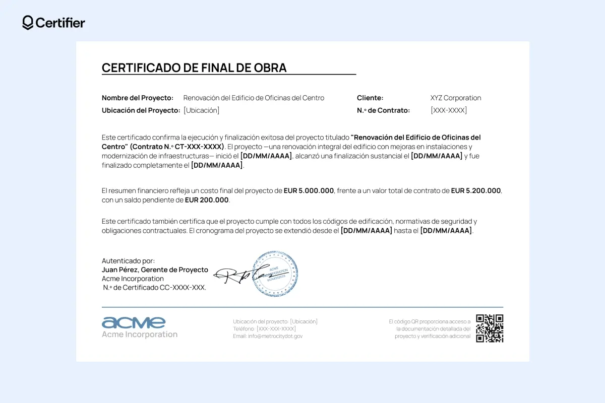 Certificado de finalización para obra de oficinas, con detalles financieros, ubicación y código QR. Certificado de finalización para obra de oficinas, con detalles financieros, ubicación y código QR.