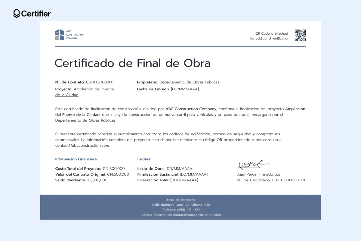Certificado profesional de construcción con pie de página oscuro para datos de contacto. Certificado profesional de construcción con pie de página oscuro para datos de contacto.