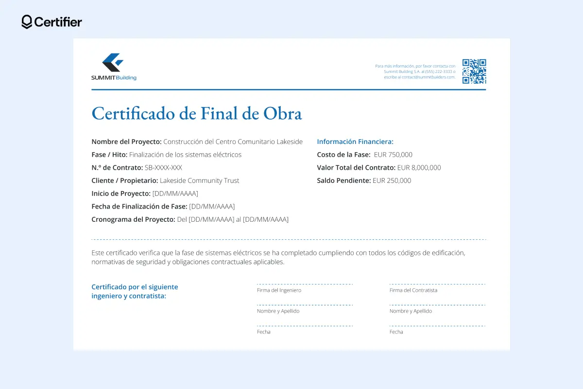 Certificado azul de finalización con secciones bien definidas y espacio para firmas múltiples. Certificado azul de finalización con secciones bien definidas y espacio para firmas múltiples.