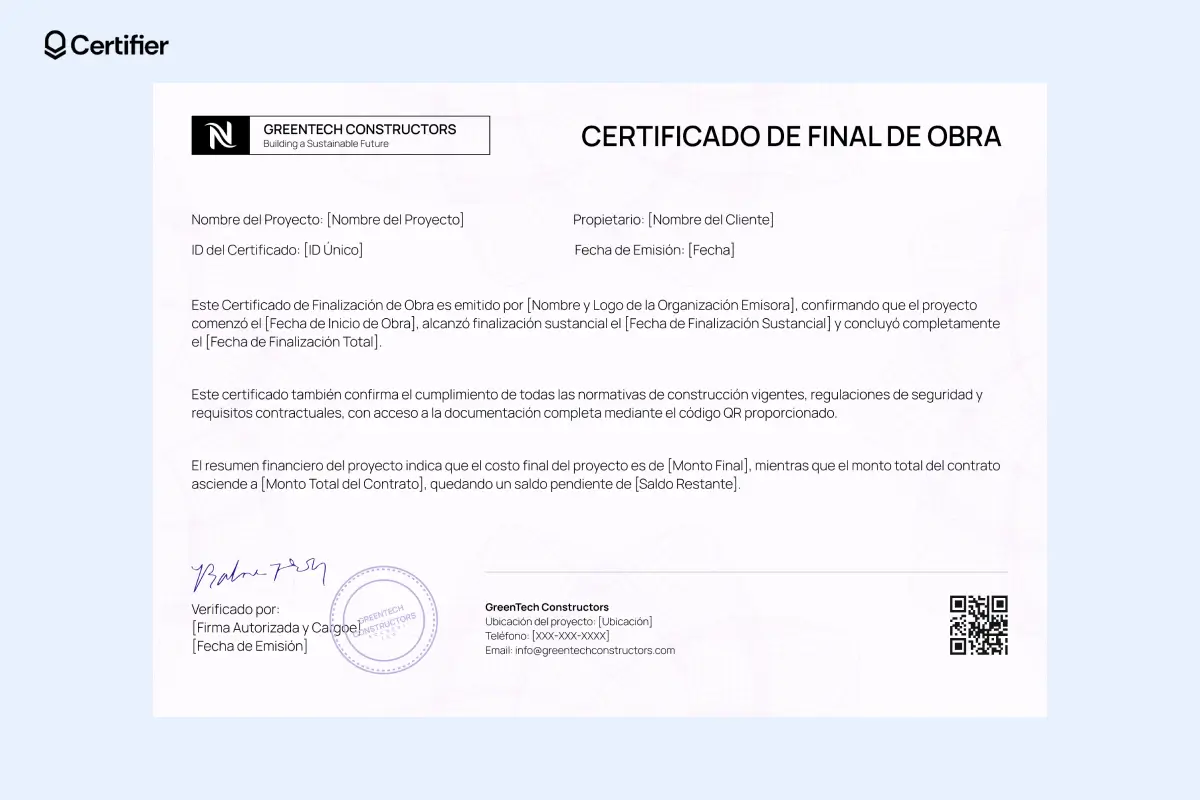 Certificado de finalización total con ID único, resumen financiero y QR de verificación. Certificado de finalización total con ID único, resumen financiero y QR de verificación.