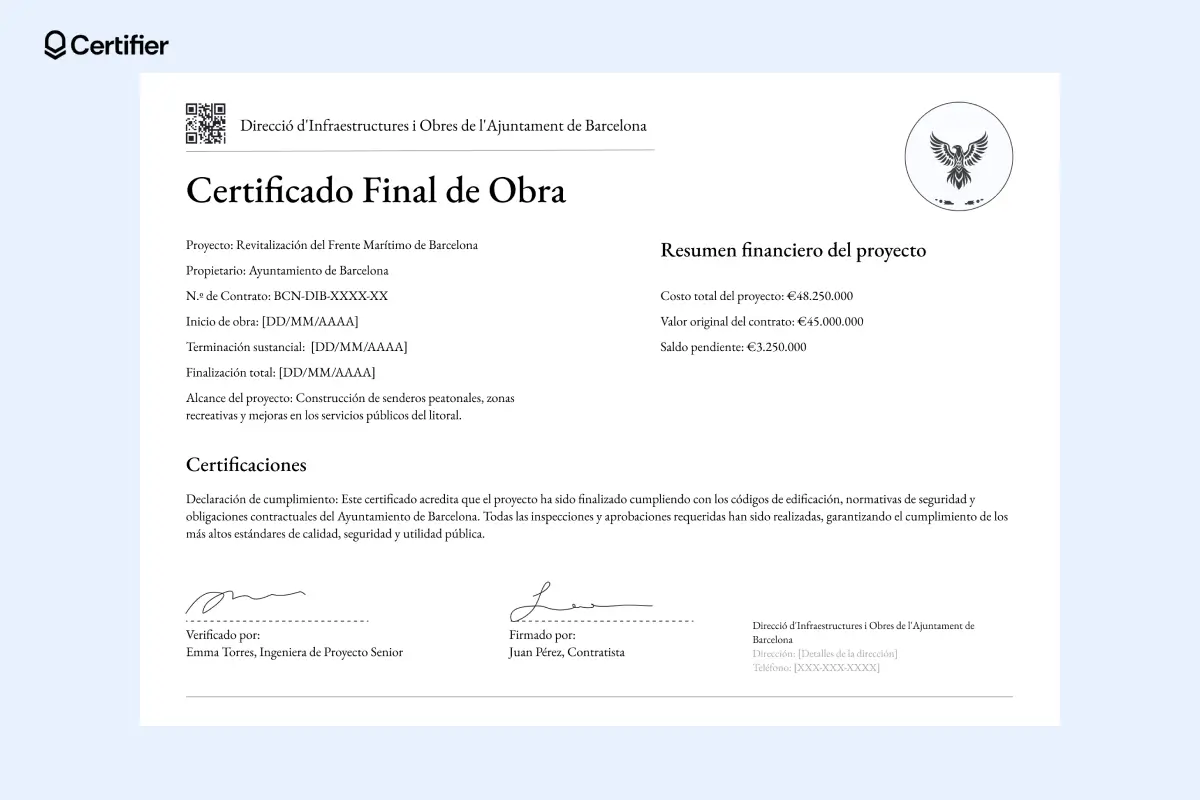 Certificado oficial con líneas punteadas para firmas y secciones financieras separadas. Certificado oficial con líneas punteadas para firmas y secciones financieras separadas.
