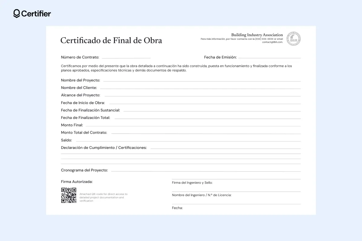 Plantilla estándar de certificado de finalización de obra con diseño limpio y espacio para detalles contractuales. Plantilla estándar de certificado de finalización de obra con diseño limpio y espacio para detalles contractuales.