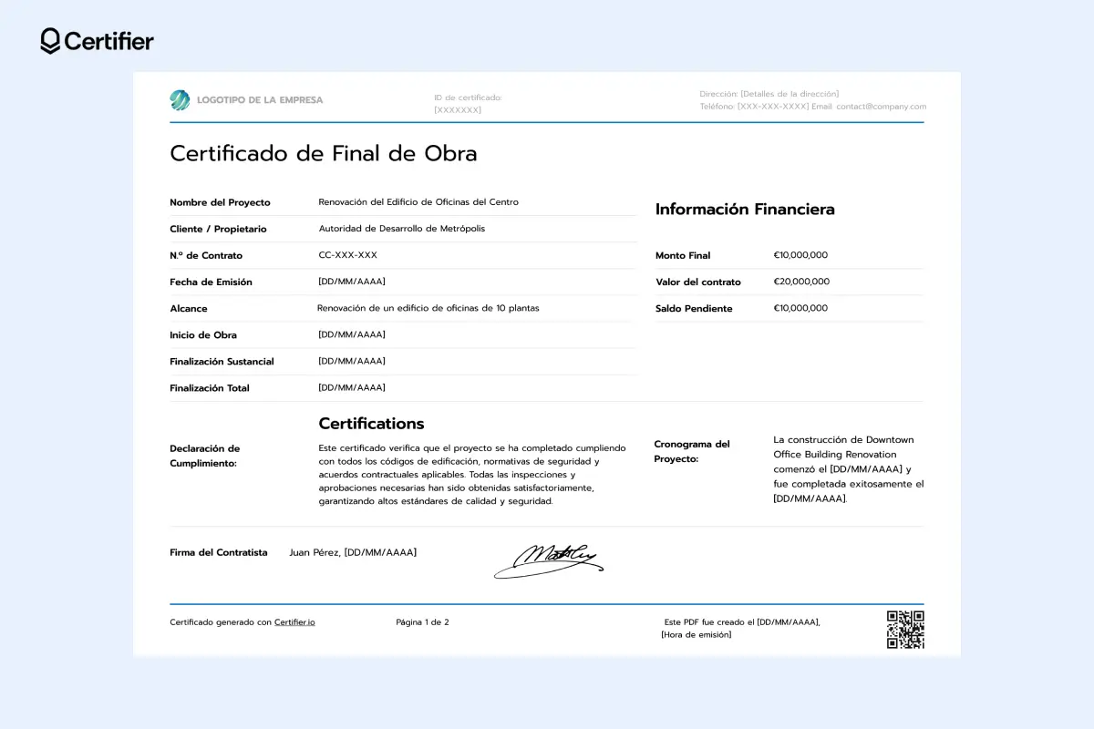 Certificado sencillo con diseño limpio, encabezado separado y espacio para QR y fecha. Certificado sencillo con diseño limpio, encabezado separado y espacio para QR y fecha.