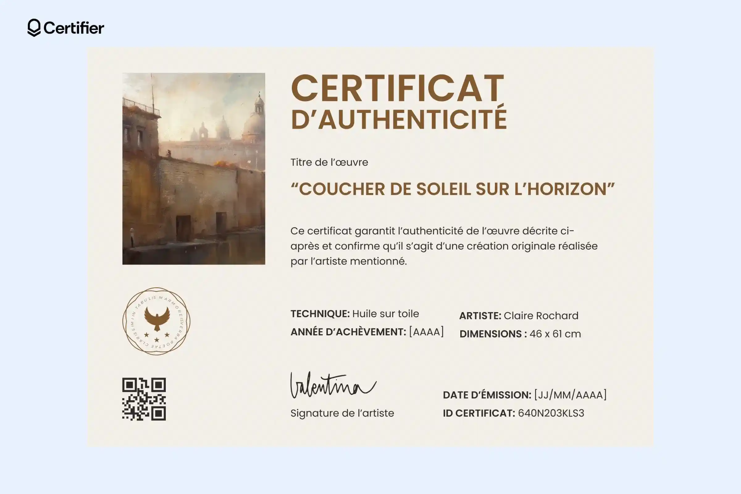 Certificat beige avec image grand format, QR code, signature et logo. Certificat beige avec image grand format, QR code, signature et logo.