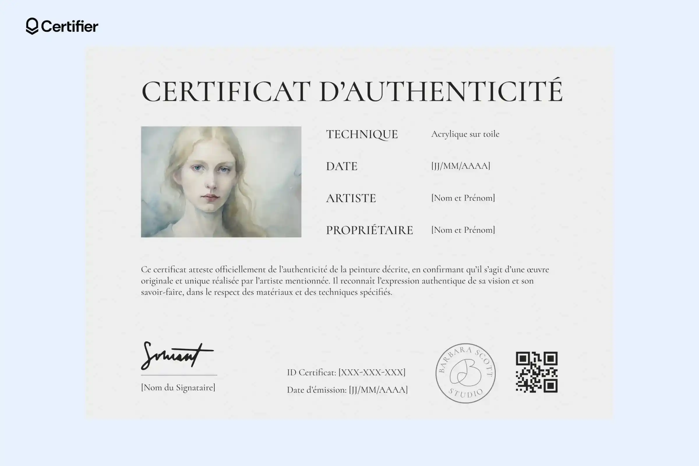 Modèle Google Docs de certificat d’authenticité minimaliste avec image d’une œuvre et palette de couleurs douces. Modèle Google Docs de certificat d’authenticité minimaliste avec image d’une œuvre et palette de couleurs douces.