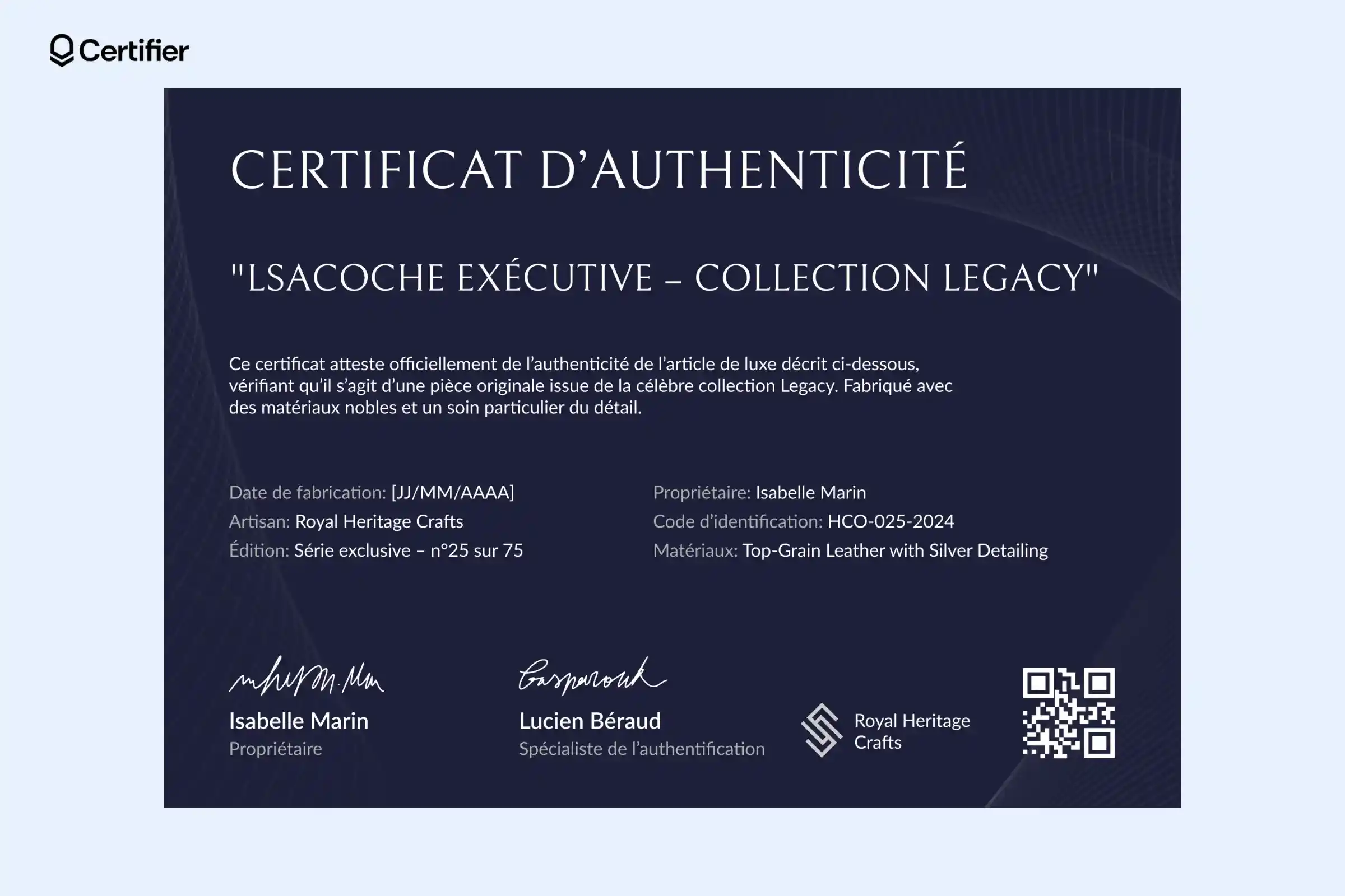 Certificat d’authenticité avec fond foncé et détails argentés pour sac de luxe. Certificat d’authenticité avec fond foncé et détails argentés pour sac de luxe.