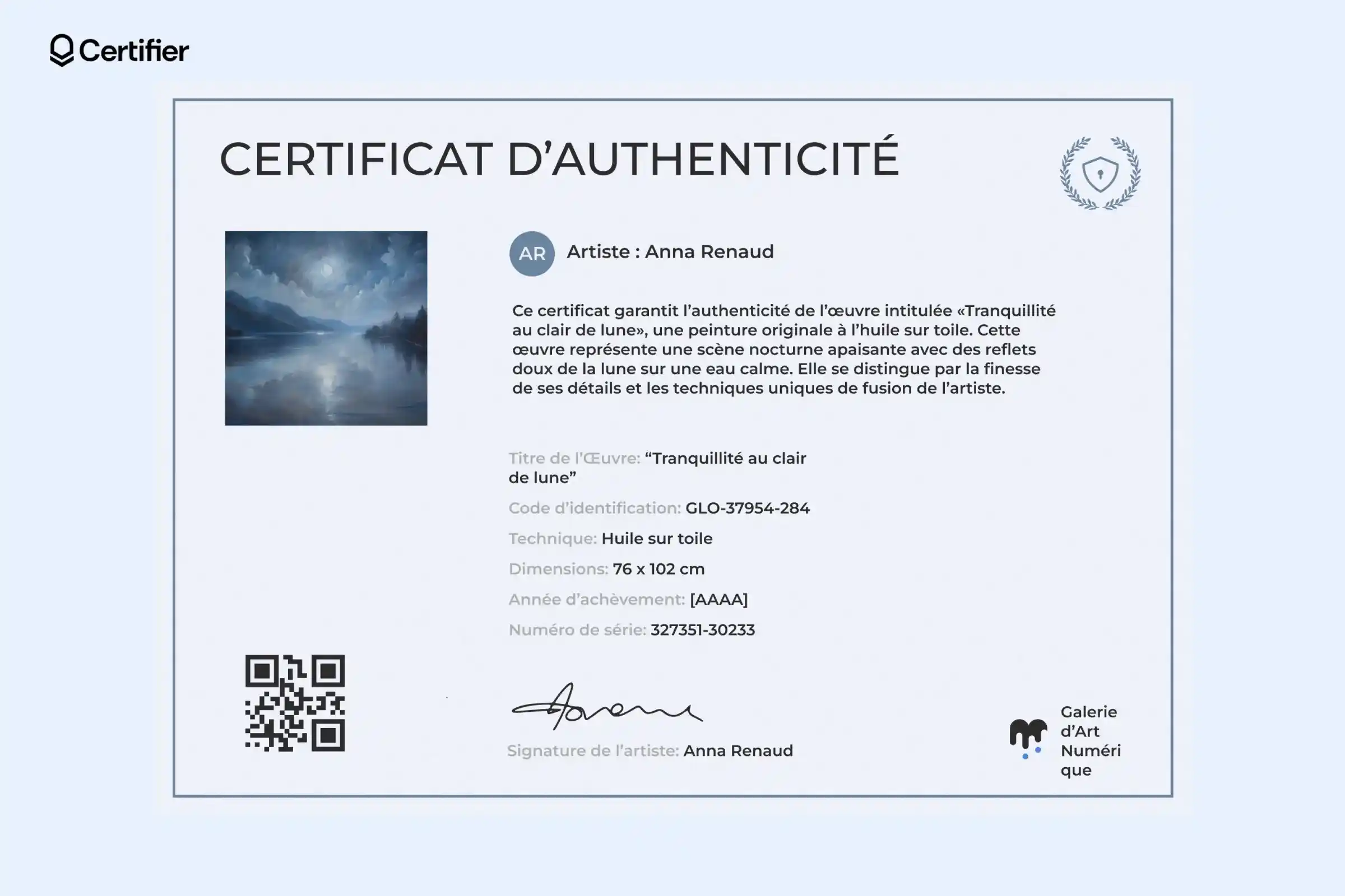 Certificat d’authenticité tableau avec image, signature et QR code. Certificat d’authenticité tableau avec image, signature et QR code.