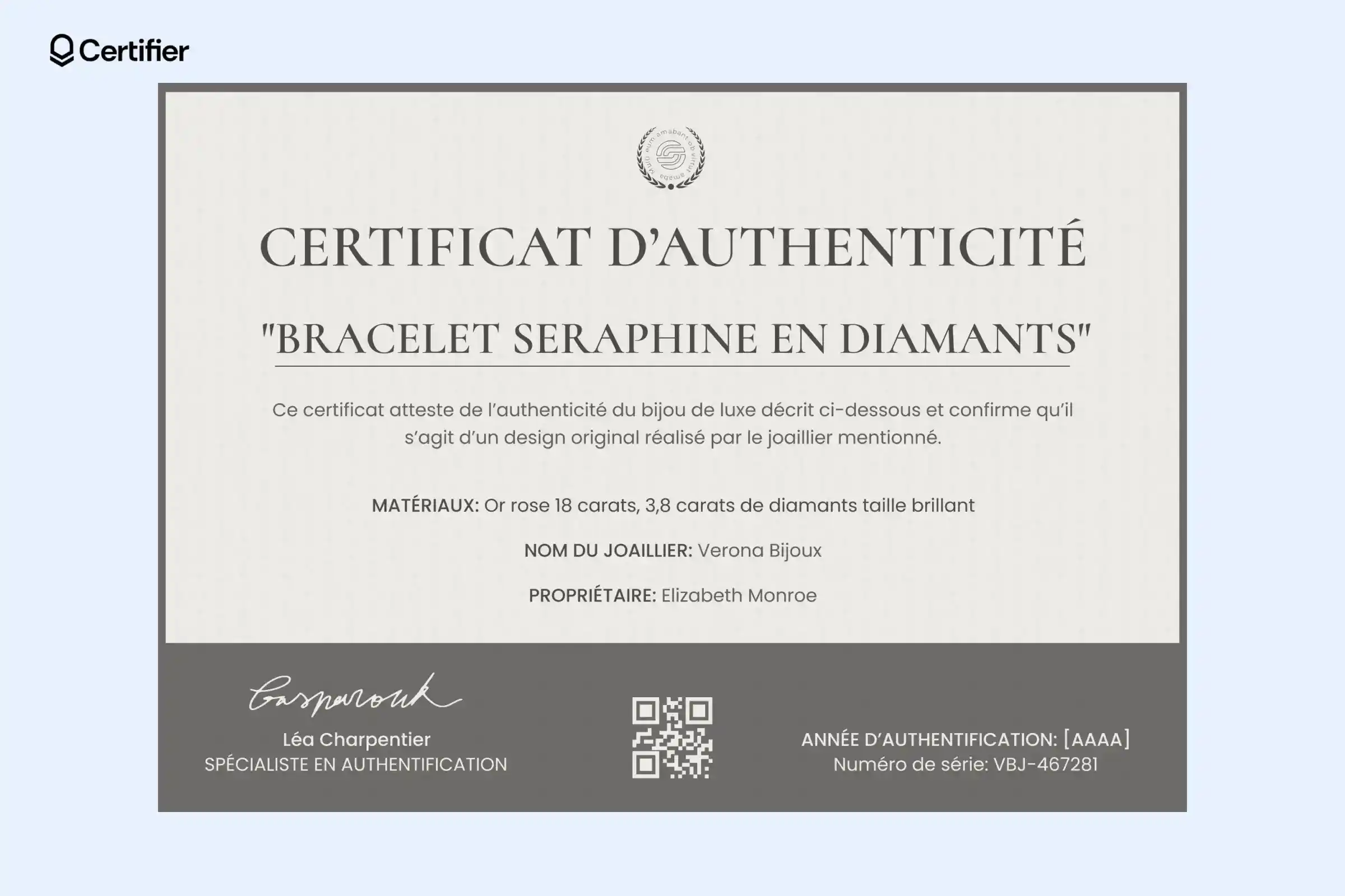 Modèle de certificat avec pied de page gris foncé pour bracelet de luxe. Modèle de certificat avec pied de page gris foncé pour bracelet de luxe.