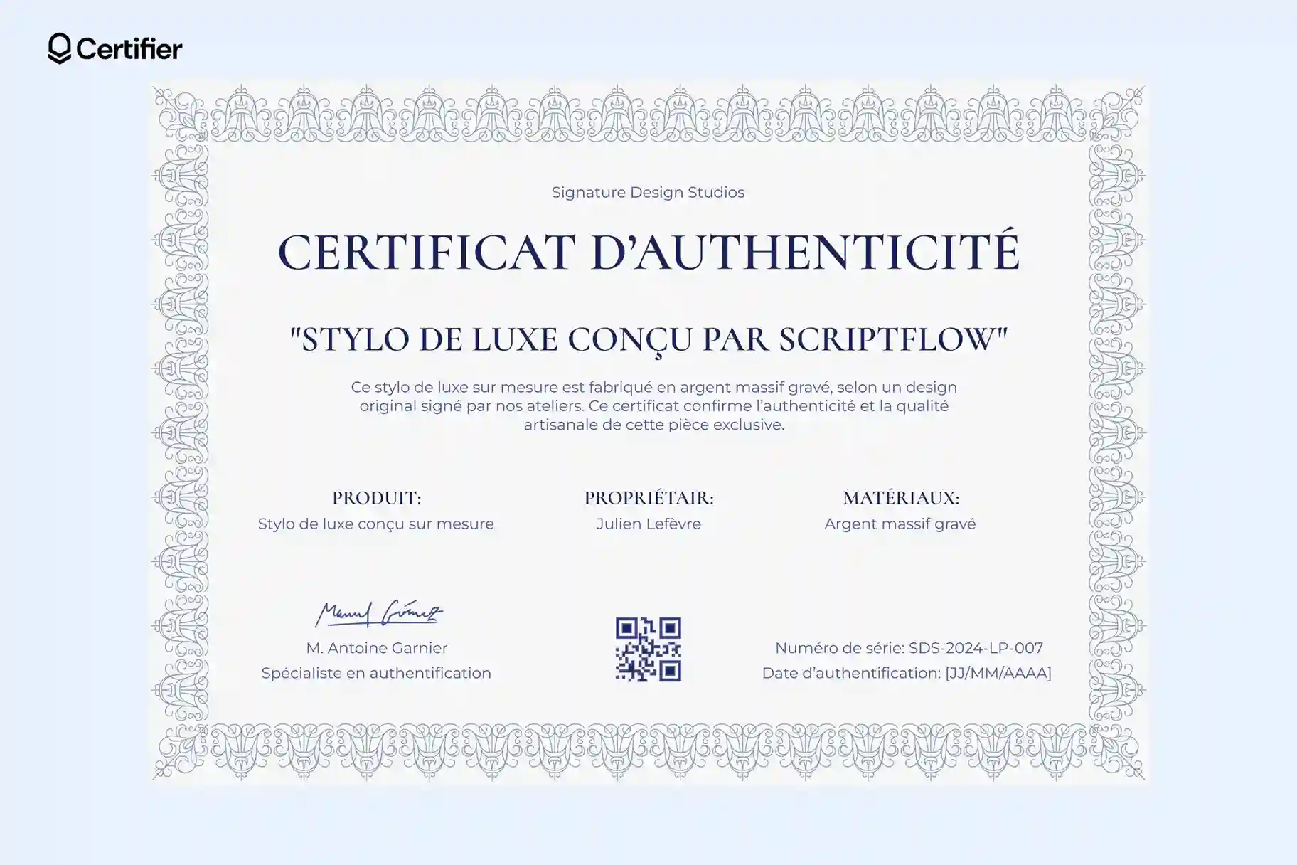 Modèle de certificat d’authenticité pour stylo de luxe avec cadre décoratif bleu. Modèle de certificat d’authenticité pour stylo de luxe avec cadre décoratif bleu.