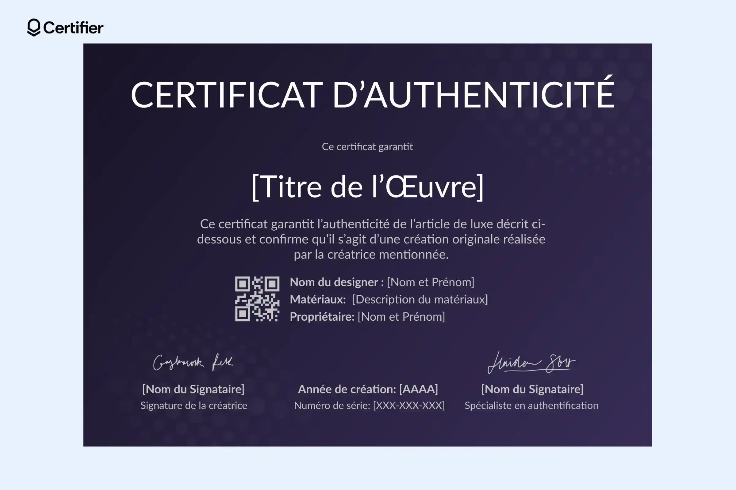 Certificat d’authenticité luxe bleu marine pour bijou avec mise en page soignée. Certificat d’authenticité luxe bleu marine pour bijou avec mise en page soignée.