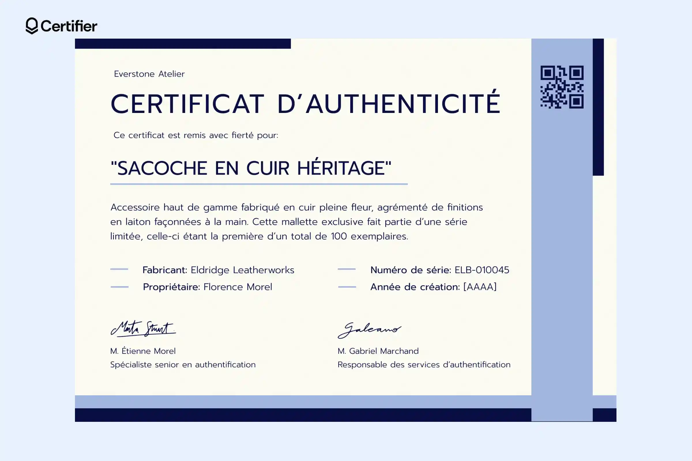 Modèle Word de certificat d’authenticité bleu pour article en cuir haut de gamme. Modèle Word de certificat d’authenticité bleu pour article en cuir haut de gamme.