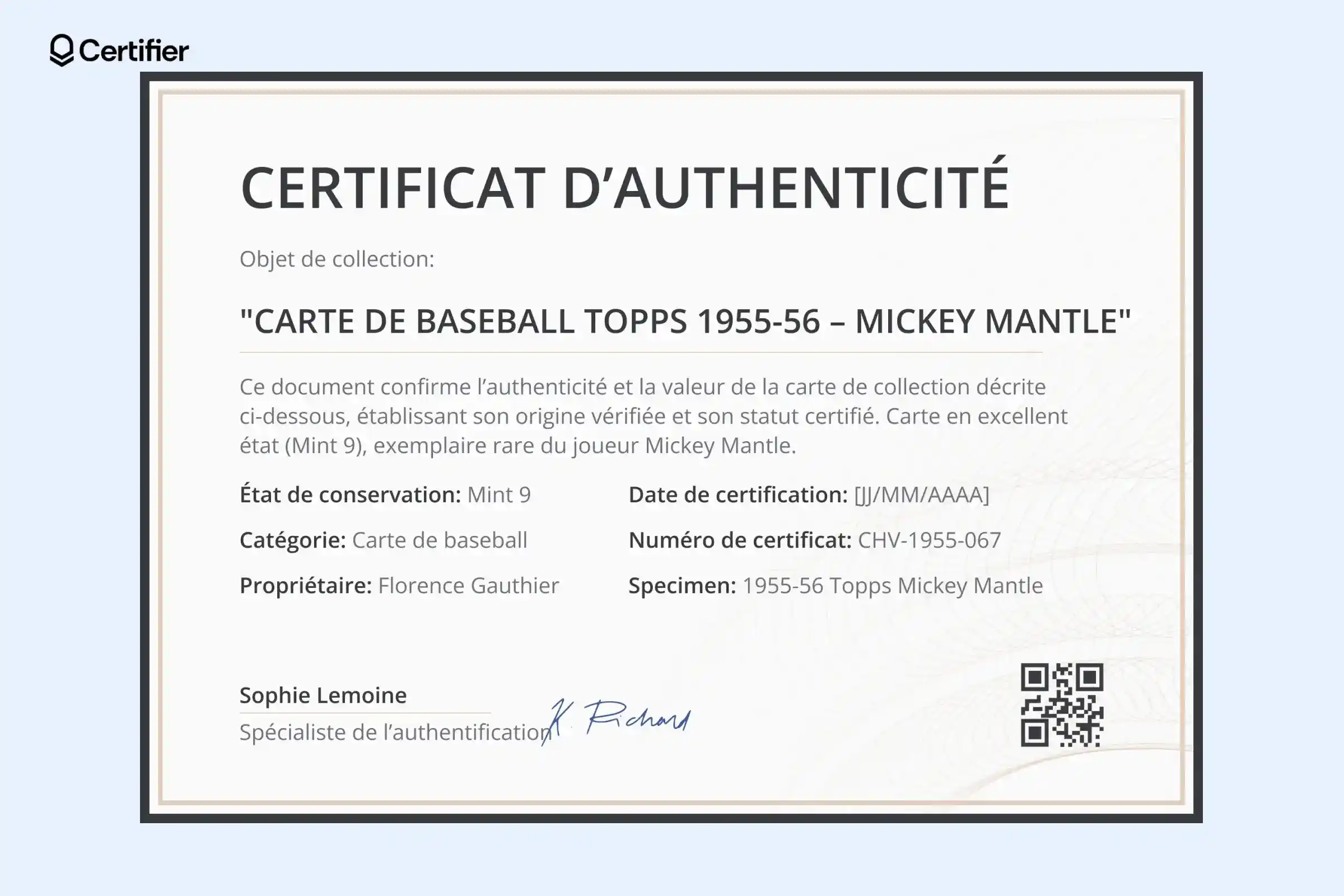 Certificat d’authenticité avec cadre classique et fond texturé, pour objets de collection. Certificat d’authenticité avec cadre classique et fond texturé, pour objets de collection.