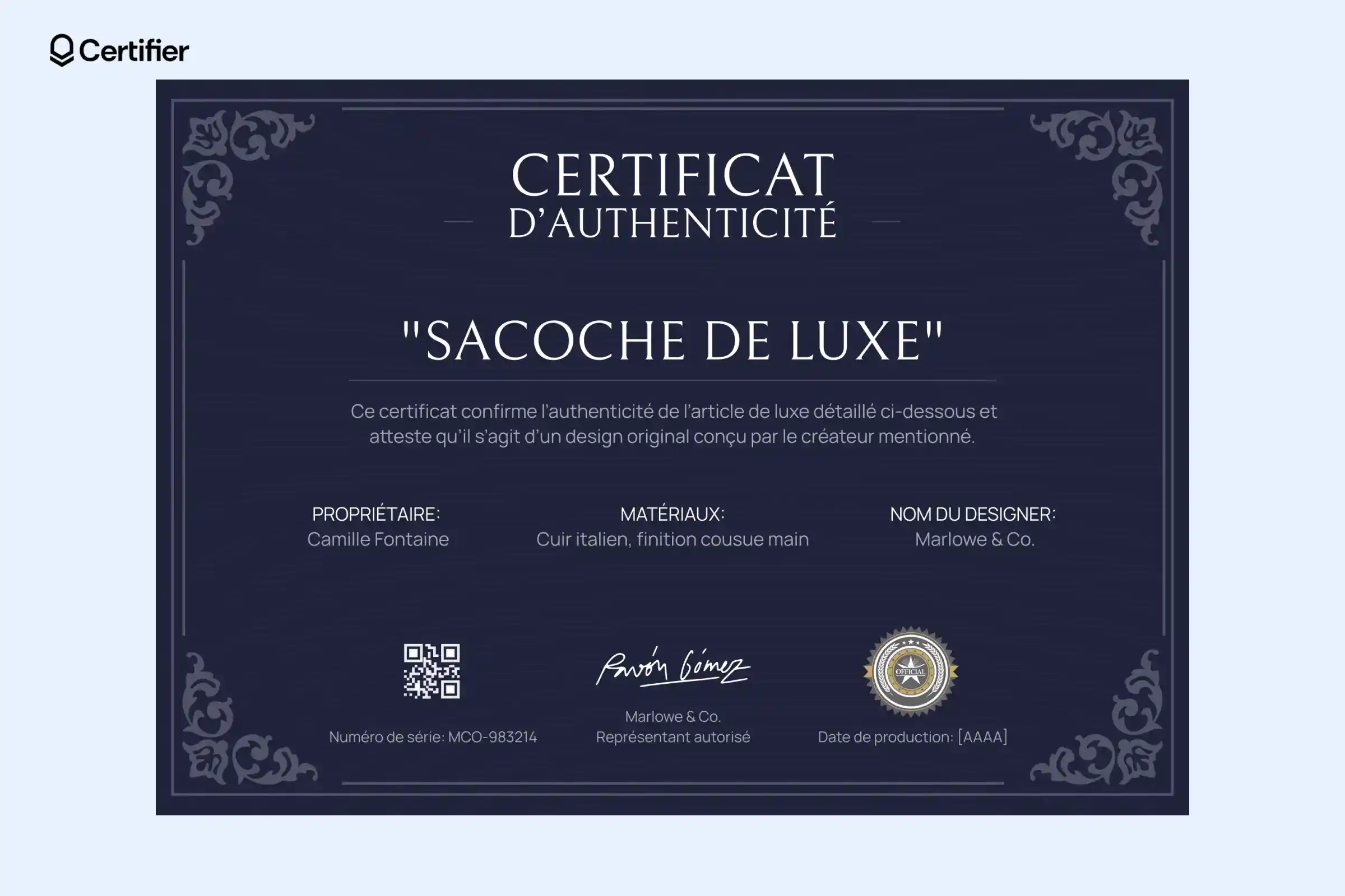 Certificat d’authenticité orné pour sac de luxe avec mise en page élégante. Certificat d’authenticité orné pour sac de luxe avec mise en page élégante.