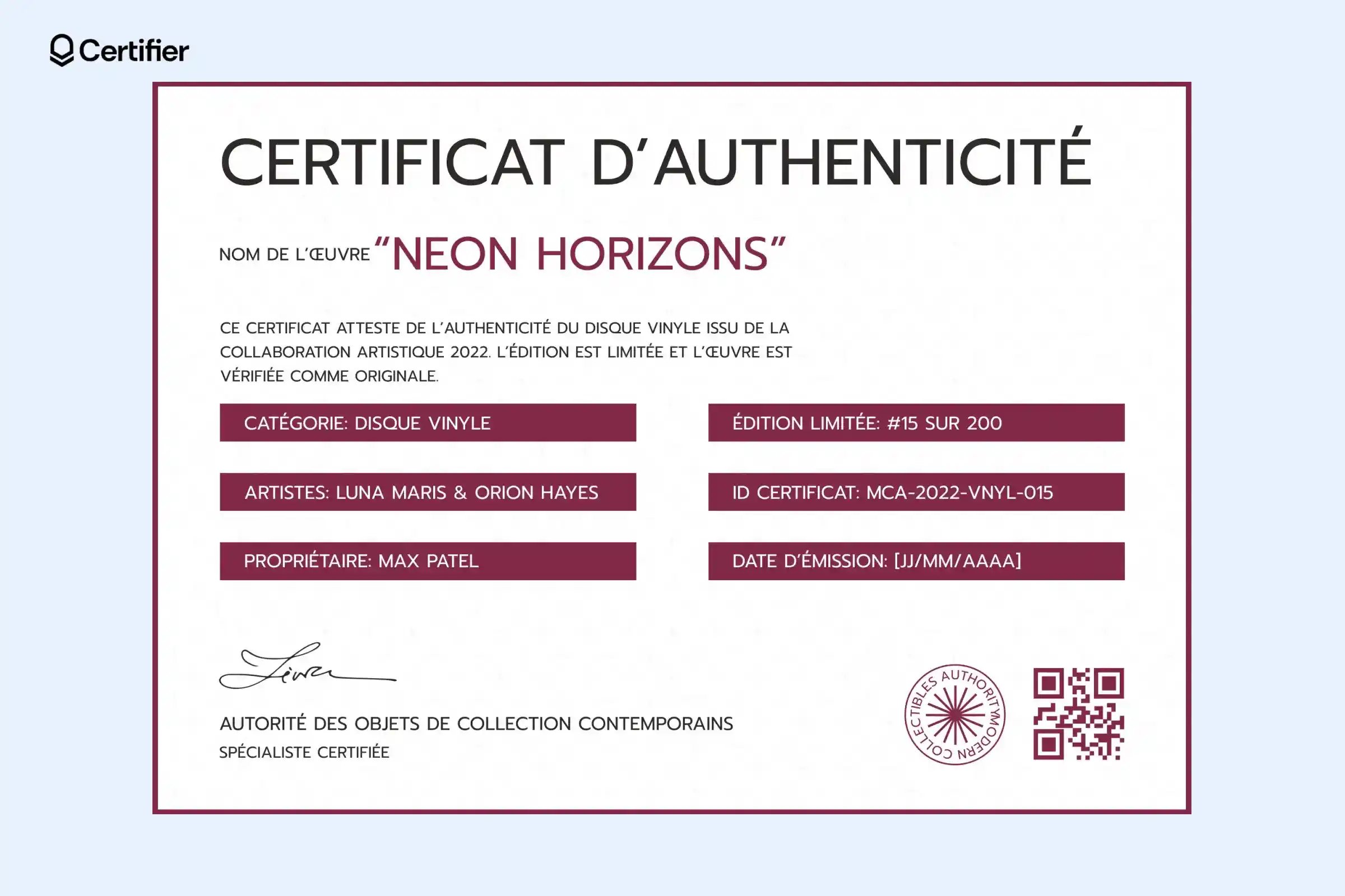 Modèle de certificat d’authenticité à fond blanc avec éléments rouges, idéal pour pièces de collection. Modèle de certificat d’authenticité à fond blanc avec éléments rouges, idéal pour pièces de collection.