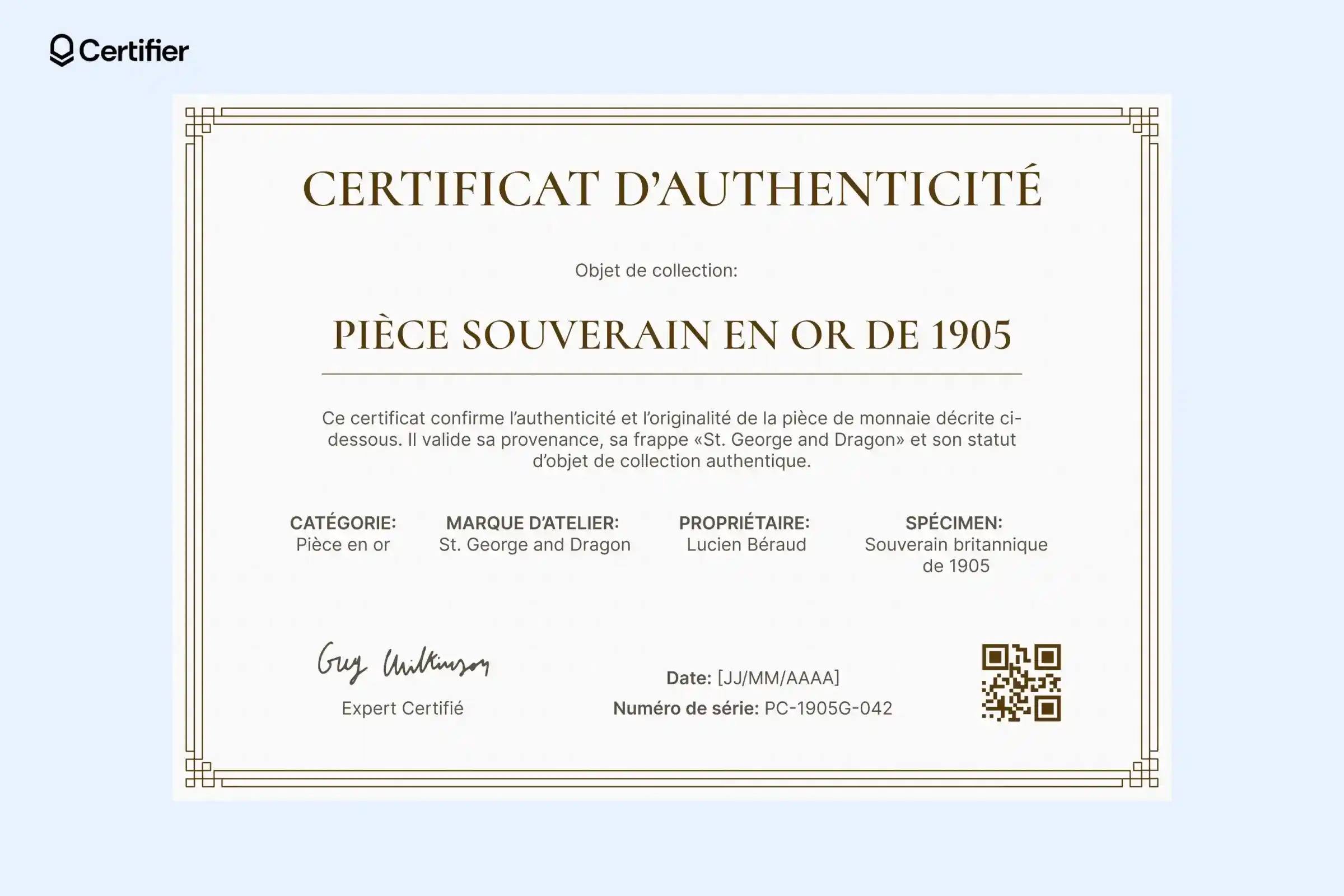 Certificat d’authenticité sobre pour article de valeur avec disposition classique. Certificat d’authenticité sobre pour article de valeur avec disposition classique.