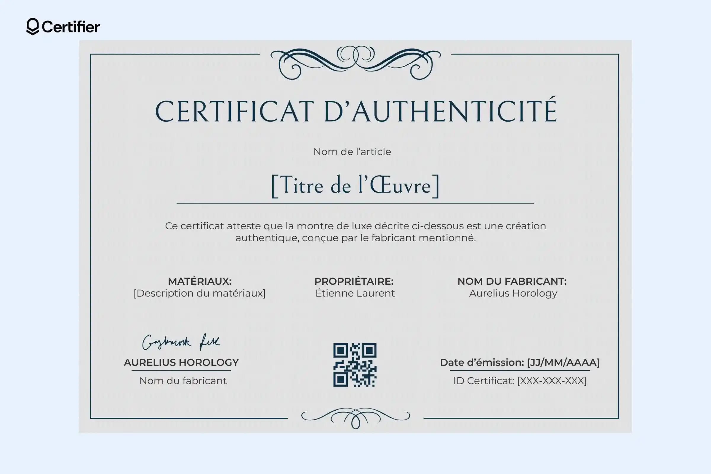 Modèle de certificat d’authenticité épuré pour montre de luxe. Modèle de certificat d’authenticité épuré pour montre de luxe.