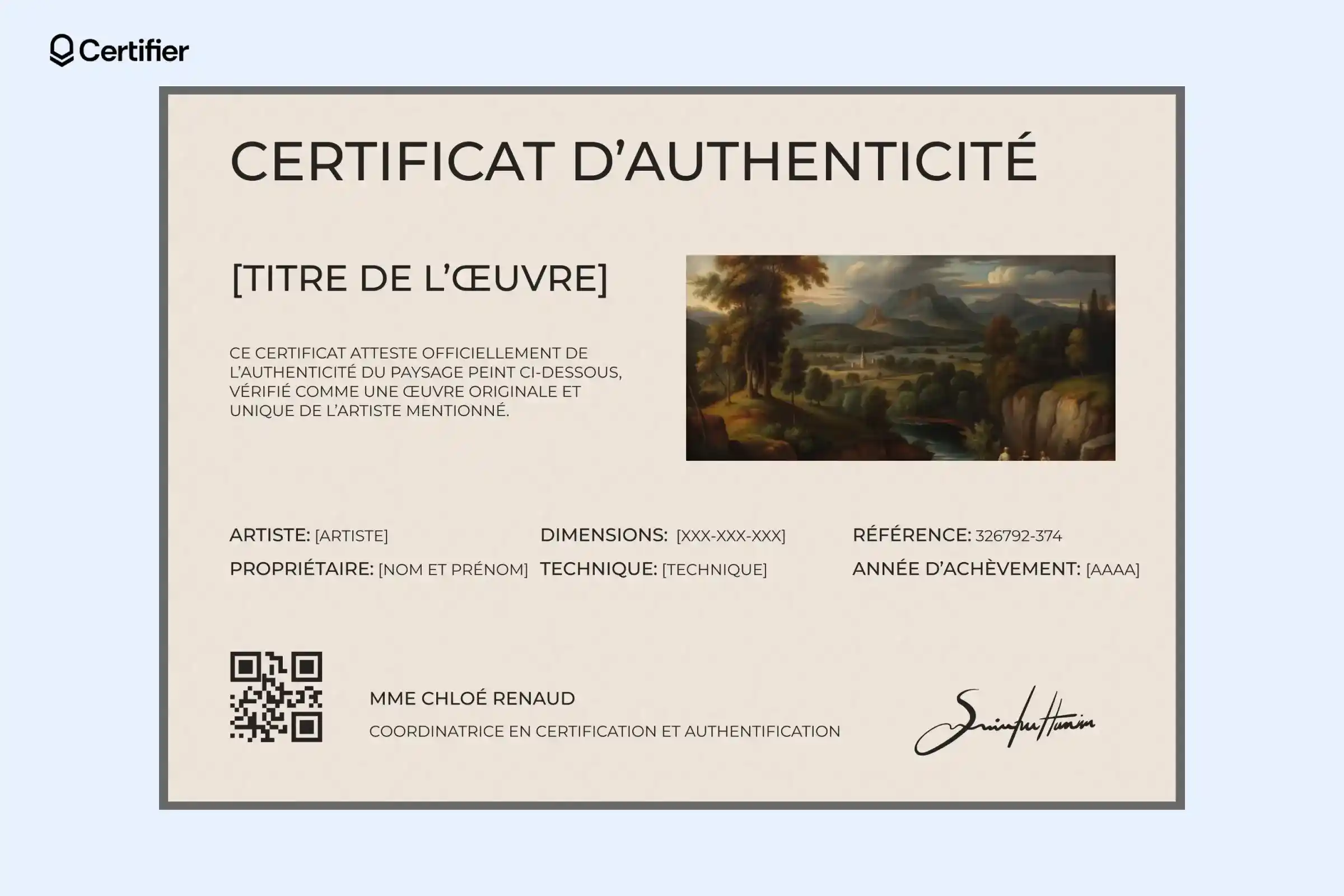 Modèle de certificat d’authenticité en beige avec photo d’une œuvre d’art et champs personnalisables. Modèle de certificat d’authenticité en beige avec photo d’une œuvre d’art et champs personnalisables.