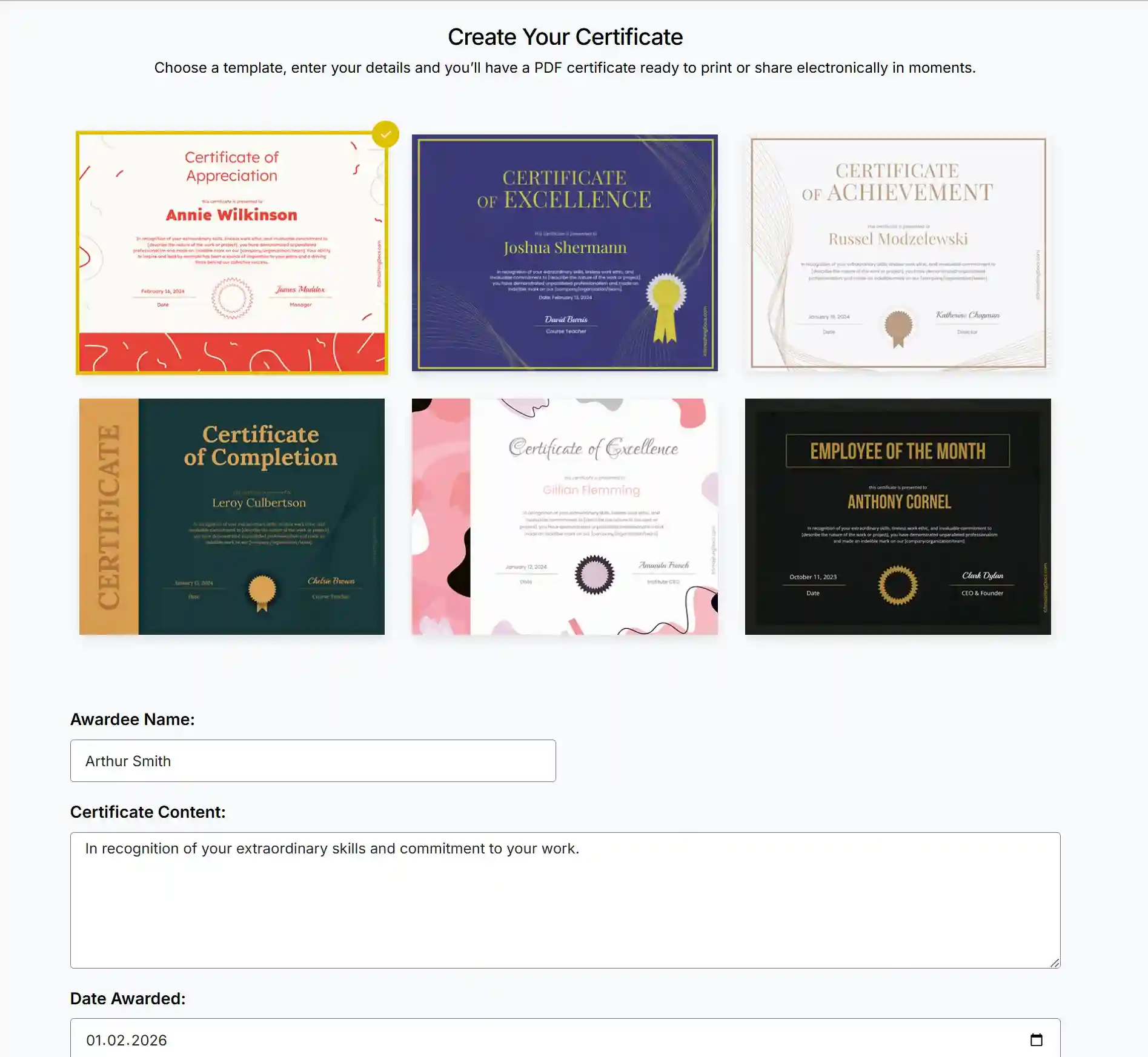 SmashingDocs certificate generator interface–a minimal site for creating and downloading free PDF certificates without an account. SmashingDocs certificate generator interface–a minimal site for creating and downloading free PDF certificates without an account.