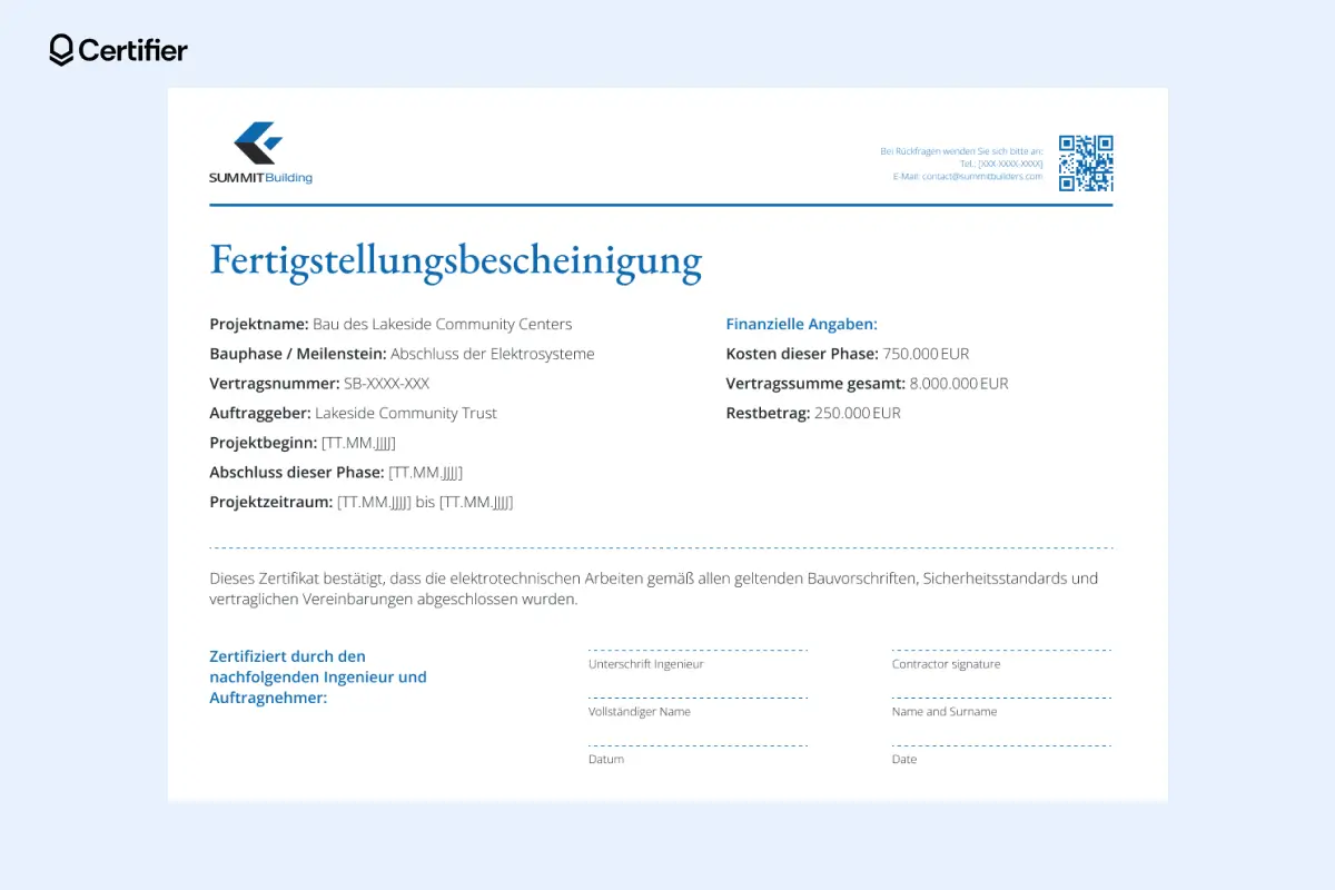 Moderne Zertifikatsvorlage mit blauer Akzentfarbe, großem QR-Code und Signaturfeld. Moderne Zertifikatsvorlage mit blauer Akzentfarbe, großem QR-Code und Signaturfeld.
