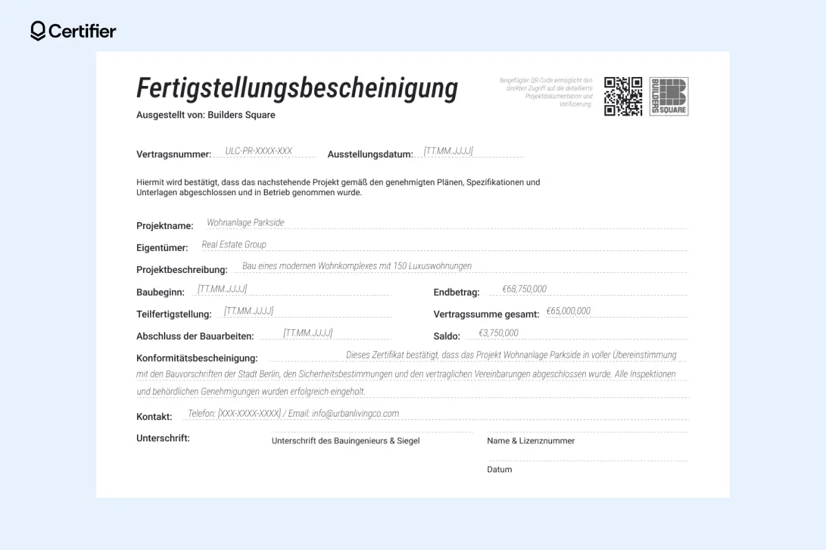 Universelle Fertigstellungsbescheinigung Vorlage mit grauem Farbschema, kursivem Header, gepunkteten Linien und klarer Datenstruktur. Universelle Fertigstellungsbescheinigung Vorlage mit grauem Farbschema, kursivem Header, gepunkteten Linien und klarer Datenstruktur.