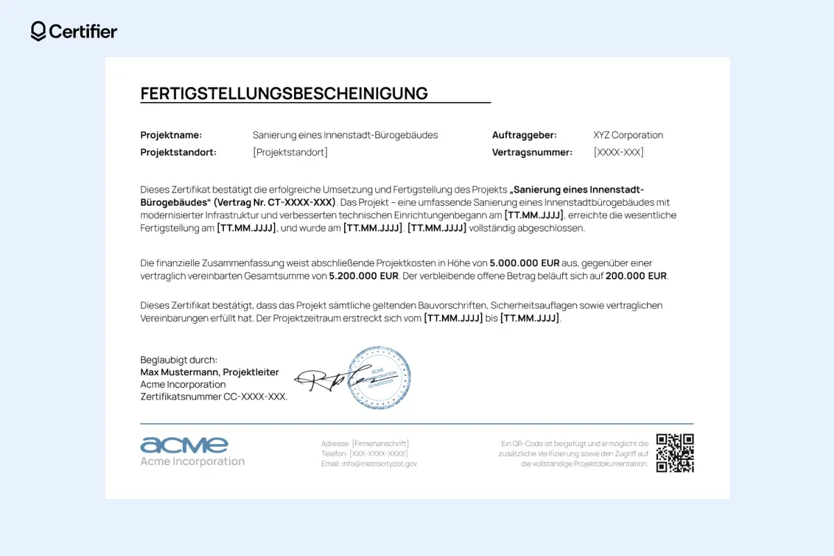 Fertigstellungszertifikat für Bürogebäude mit QR-Code, Projektübersicht und regionalen Angaben. Fertigstellungszertifikat für Bürogebäude mit QR-Code, Projektübersicht und regionalen Angaben.