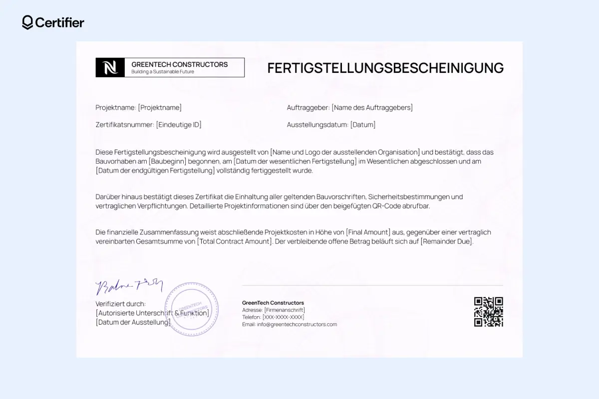 Zertifikatsvorlage mit QR-Code, Projekt-ID, Finanzübersicht und Signaturfeld zur Bauabnahme Zertifikatsvorlage mit QR-Code, Projekt-ID, Finanzübersicht und Signaturfeld zur Bauabnahme