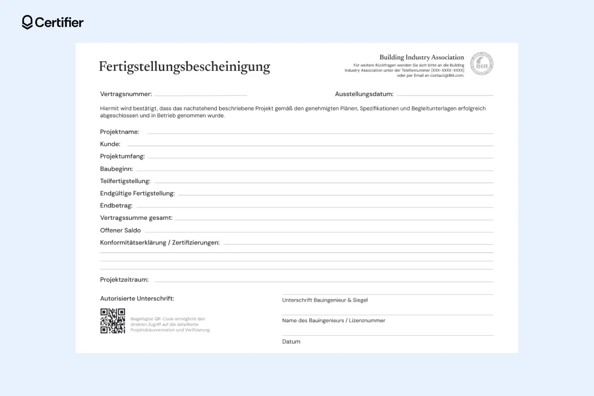 Vorlage für eine Standard-Fertigstellungsbescheinigung mit dezentem Design, Firmenlogo oben rechts und strukturierter Tabellenübersicht. Vorlage für eine Standard-Fertigstellungsbescheinigung mit dezentem Design, Firmenlogo oben rechts und strukturierter Tabellenübersicht.