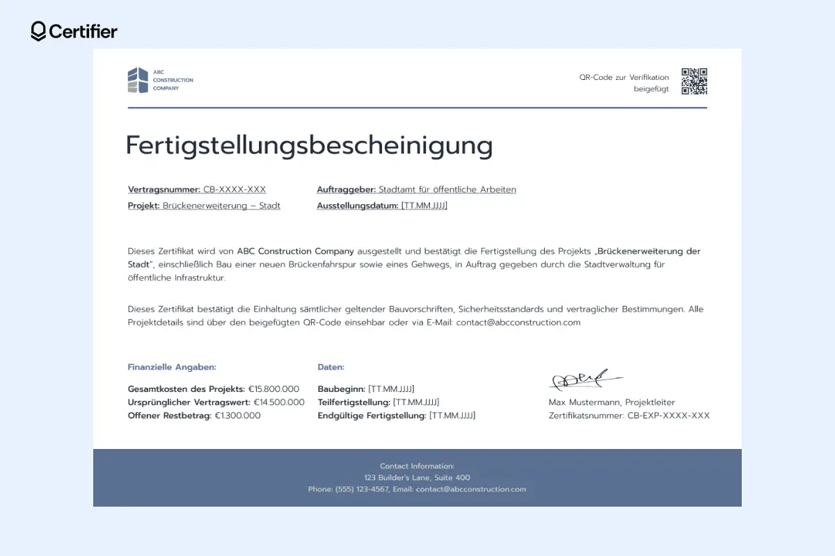 Vorlage für Bauzertifikate mit dunklem Fußbereich, kontrastreichen Farben und übersichtlicher Projektübersicht. Vorlage für Bauzertifikate mit dunklem Fußbereich, kontrastreichen Farben und übersichtlicher Projektübersicht.
