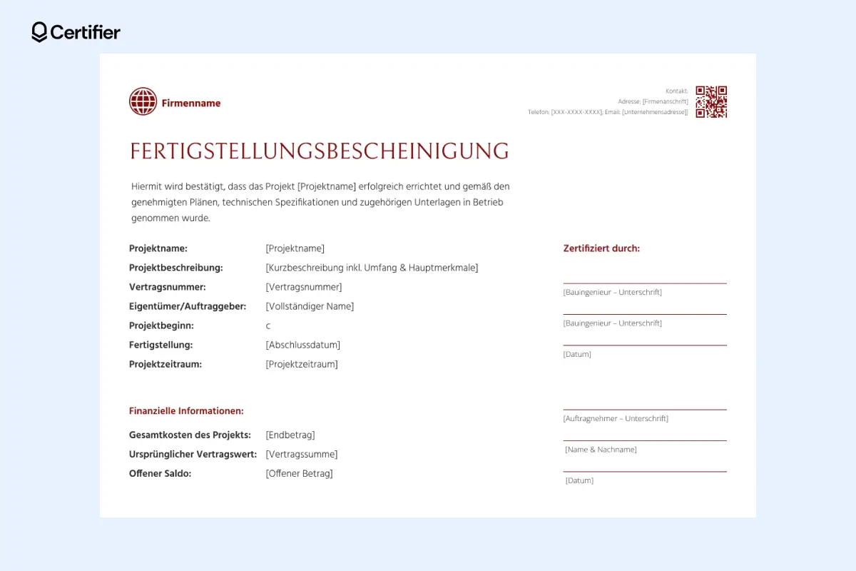 Formales Bauzertifikat mit zweispaltigem Layout für Projektinformationen und Signaturfelder. Formales Bauzertifikat mit zweispaltigem Layout für Projektinformationen und Signaturfelder.