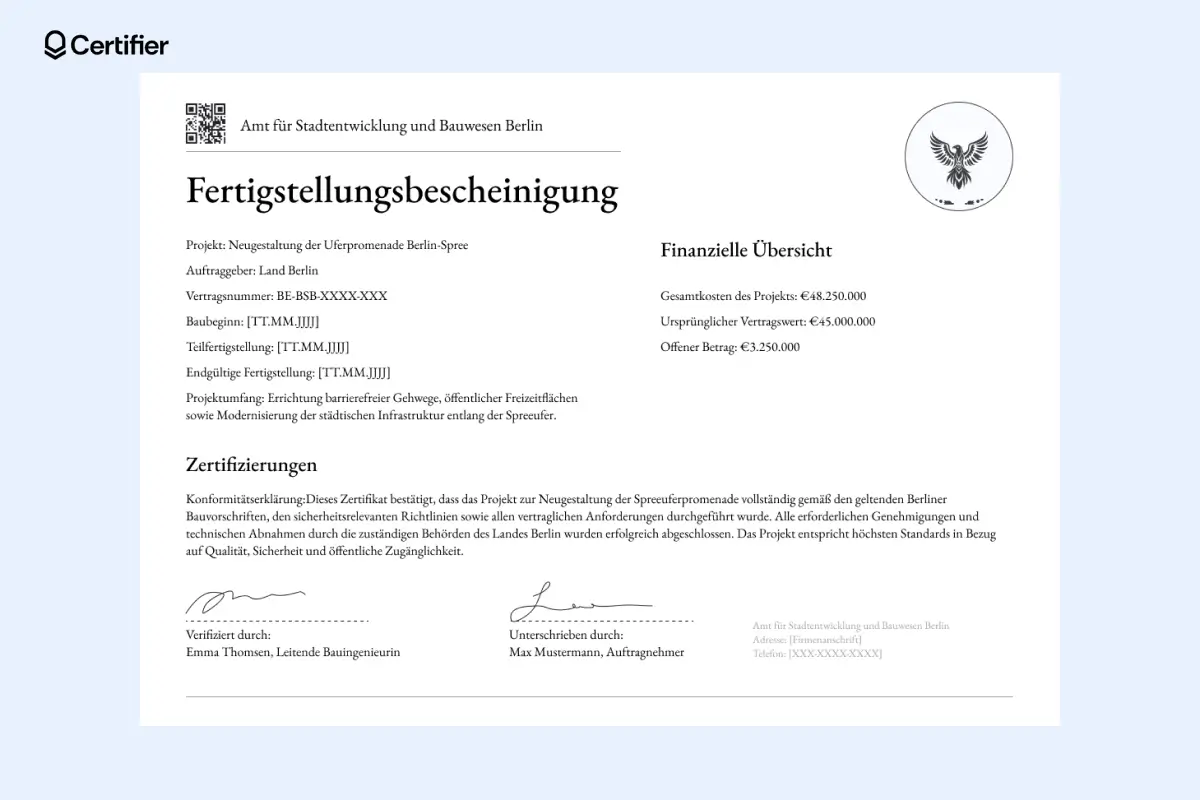 Offizielle Bauzertifikatsvorlage mit Unterschriftsfeld, gepunkteten Linien und separatem Zahlungsbereich. Offizielle Bauzertifikatsvorlage mit Unterschriftsfeld, gepunkteten Linien und separatem Zahlungsbereich.