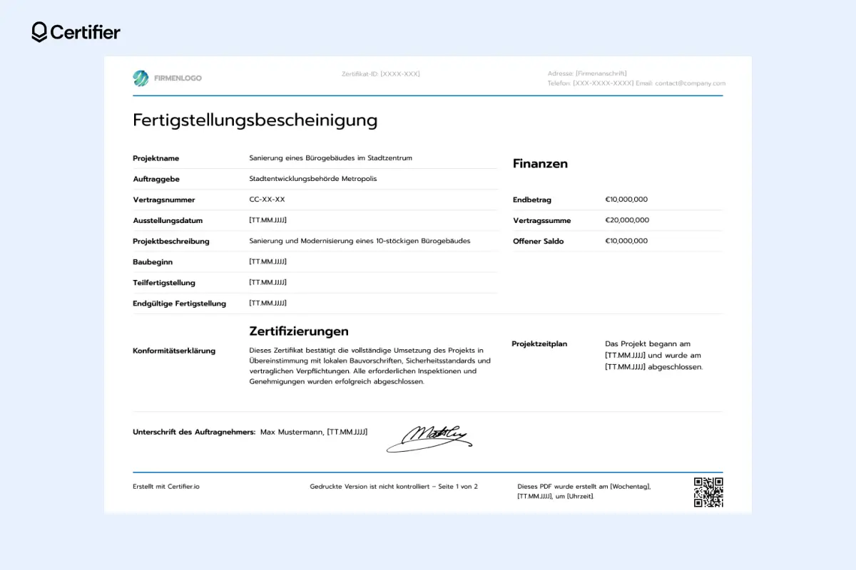 Vorlage für Architekten-Fertigstellungszertifikate mit zweispaltigem Layout, QR-Code, Zeitstempel und Adresse. Vorlage für Architekten-Fertigstellungszertifikate mit zweispaltigem Layout, QR-Code, Zeitstempel und Adresse.