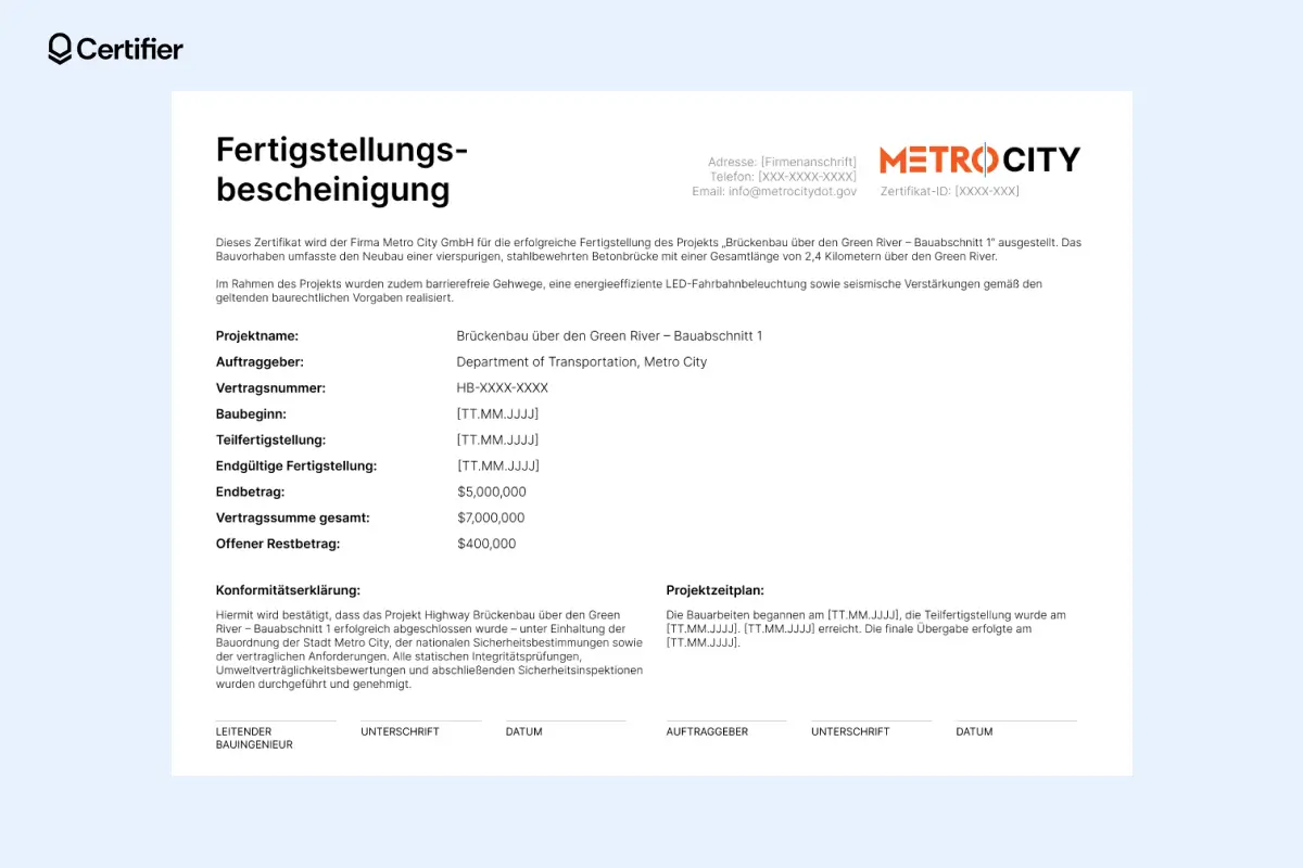 Vorlage für eine projektbasierte Bauabnahmebescheinigung mit Baustellenangabe, Firmenlogo und Freigabefeldern. Vorlage für eine projektbasierte Bauabnahmebescheinigung mit Baustellenangabe, Firmenlogo und Freigabefeldern.