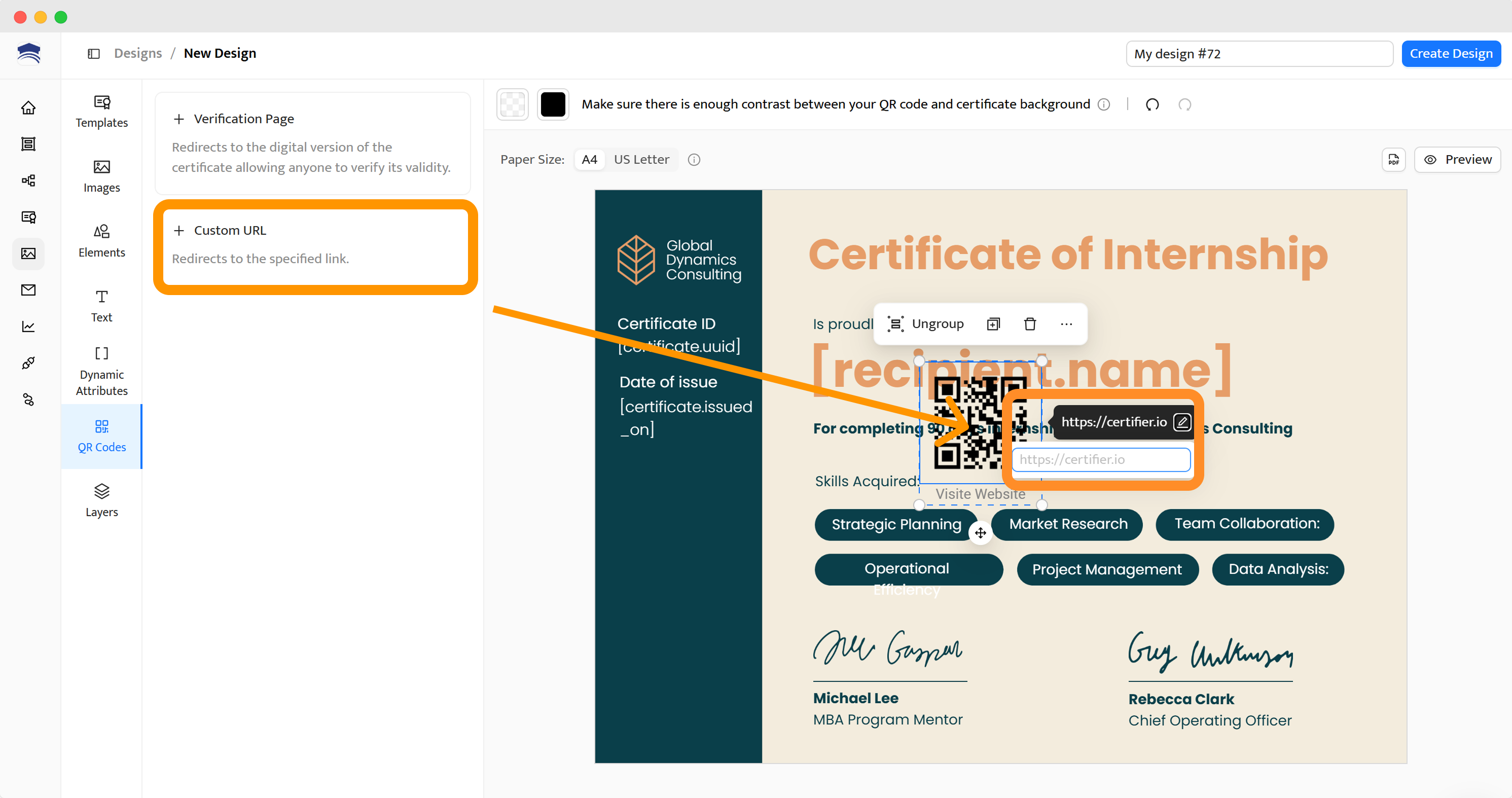 The interface of a qr code generator showing options for QR code verification, with a custom URL field to create a unique QR code for certificates.