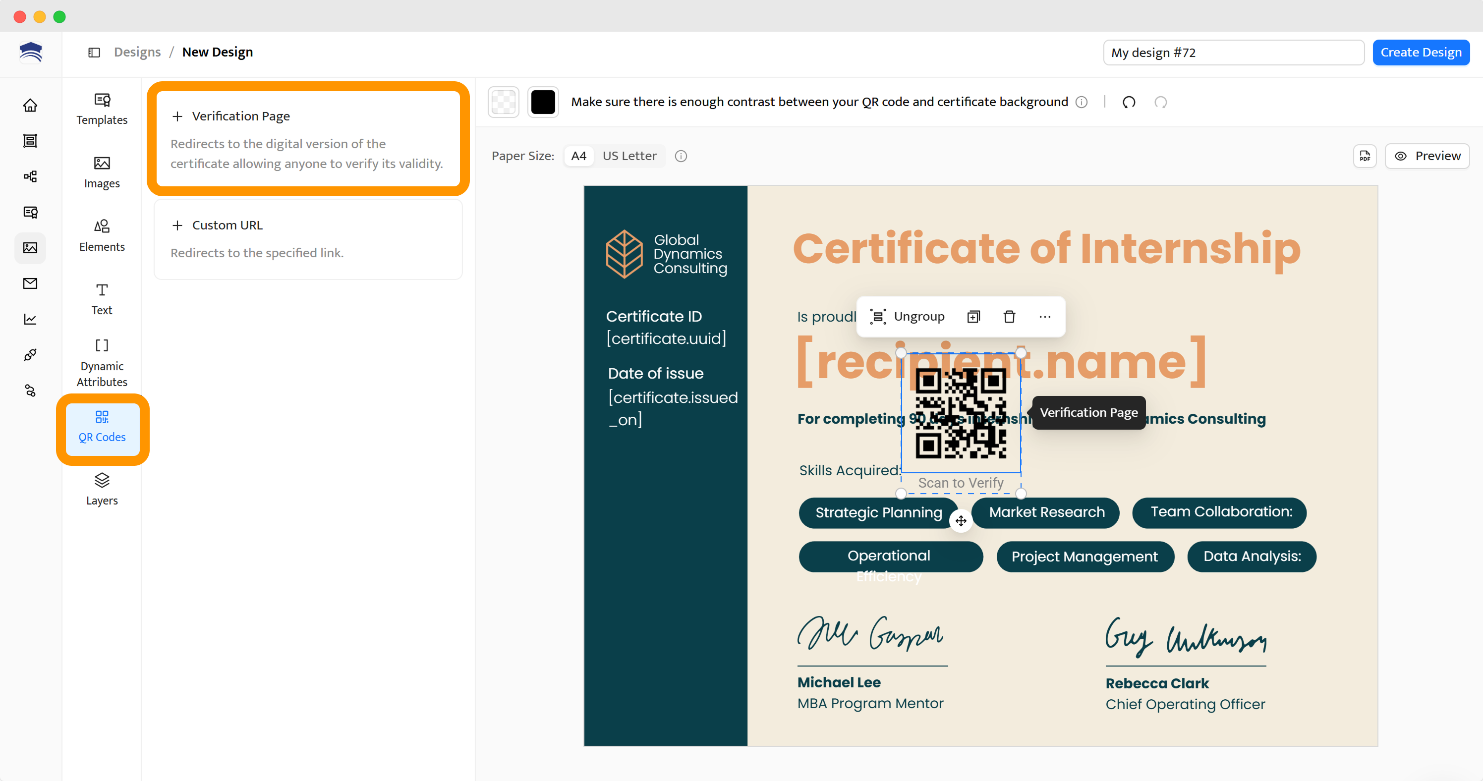A certificate template with a prominent QR code for scanning the QR code to verify credentials and validate authenticity.