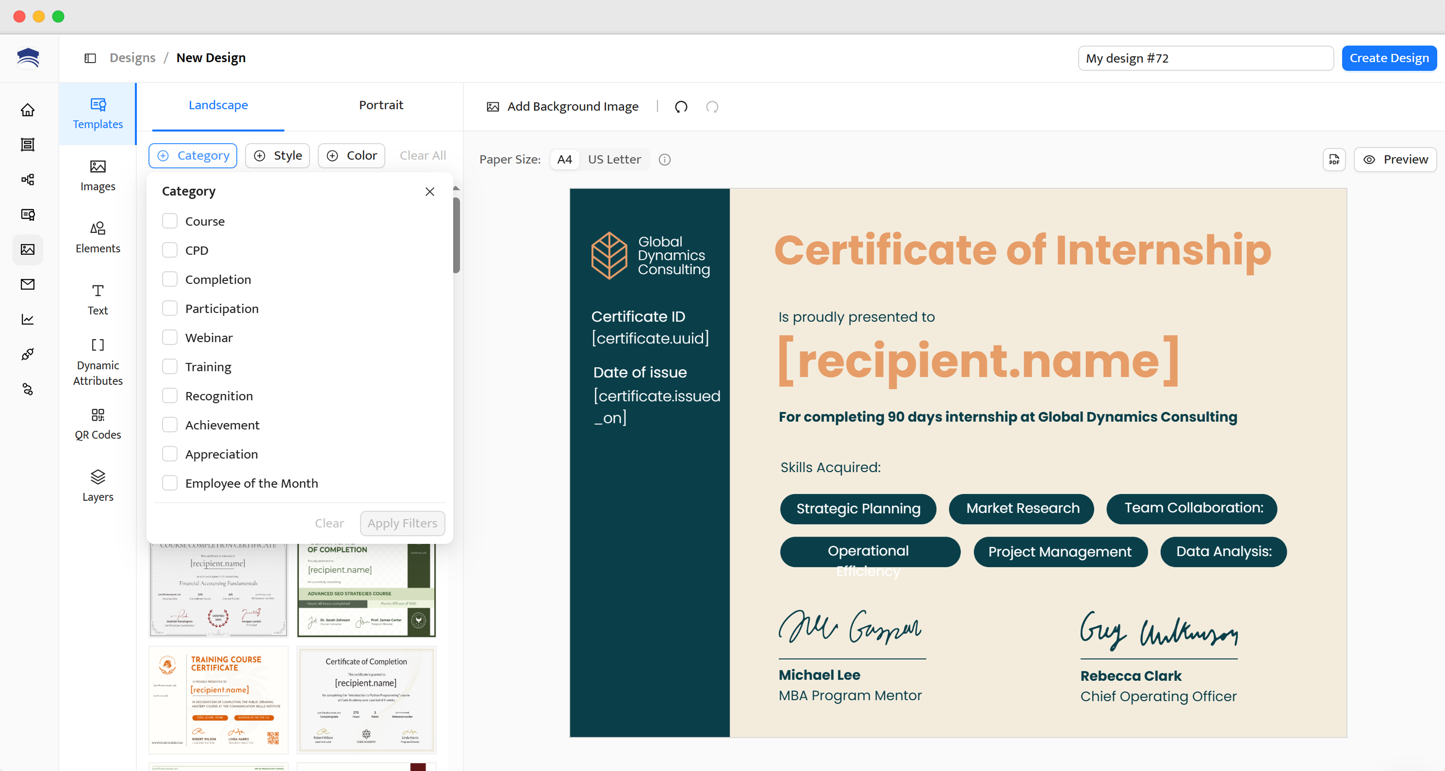 The design interface of a qr code generator displays a certificate with customizable text and options to include a unique QR code.