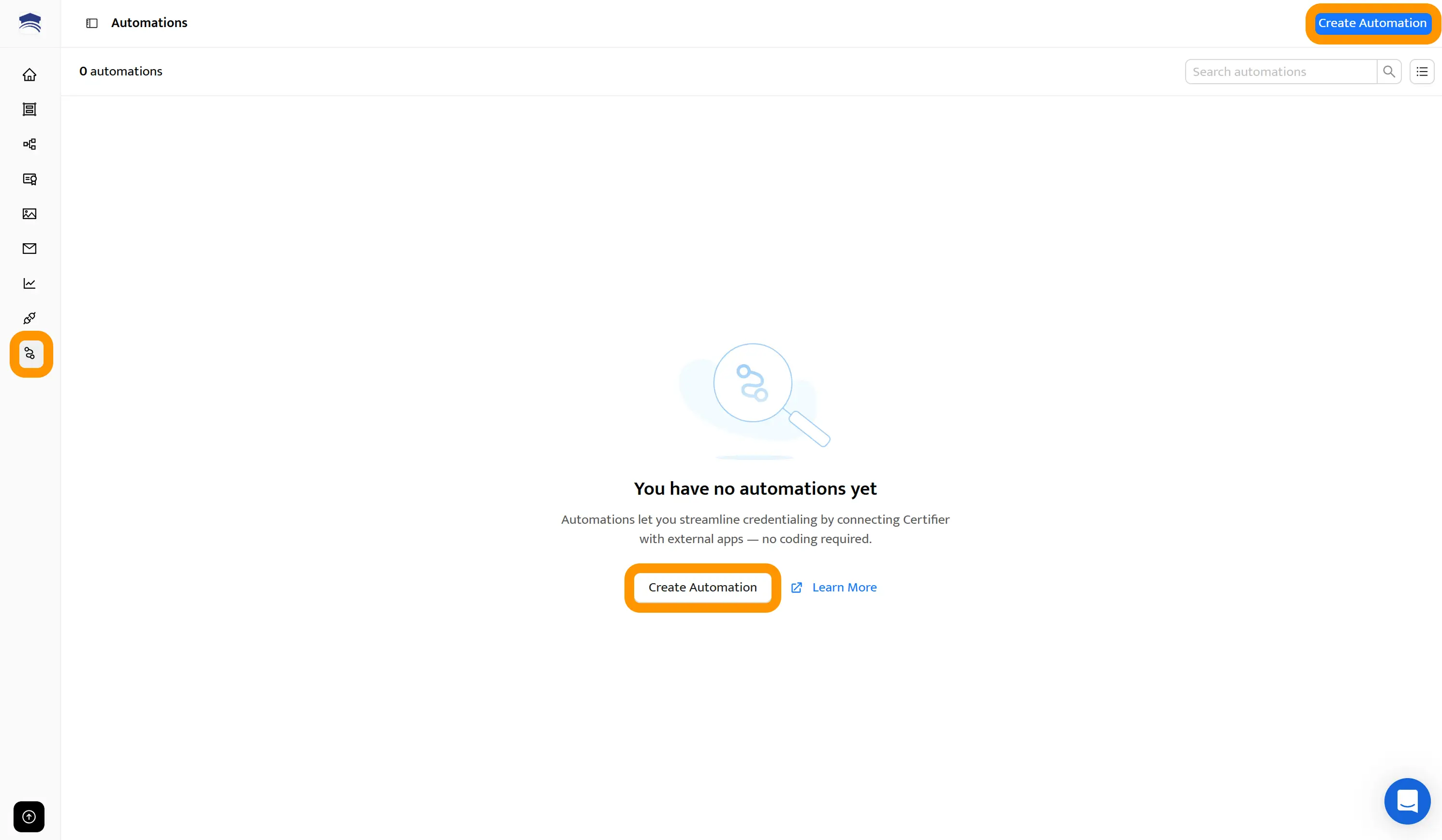 Certifier’s Automations feature shown in the main dashboard.