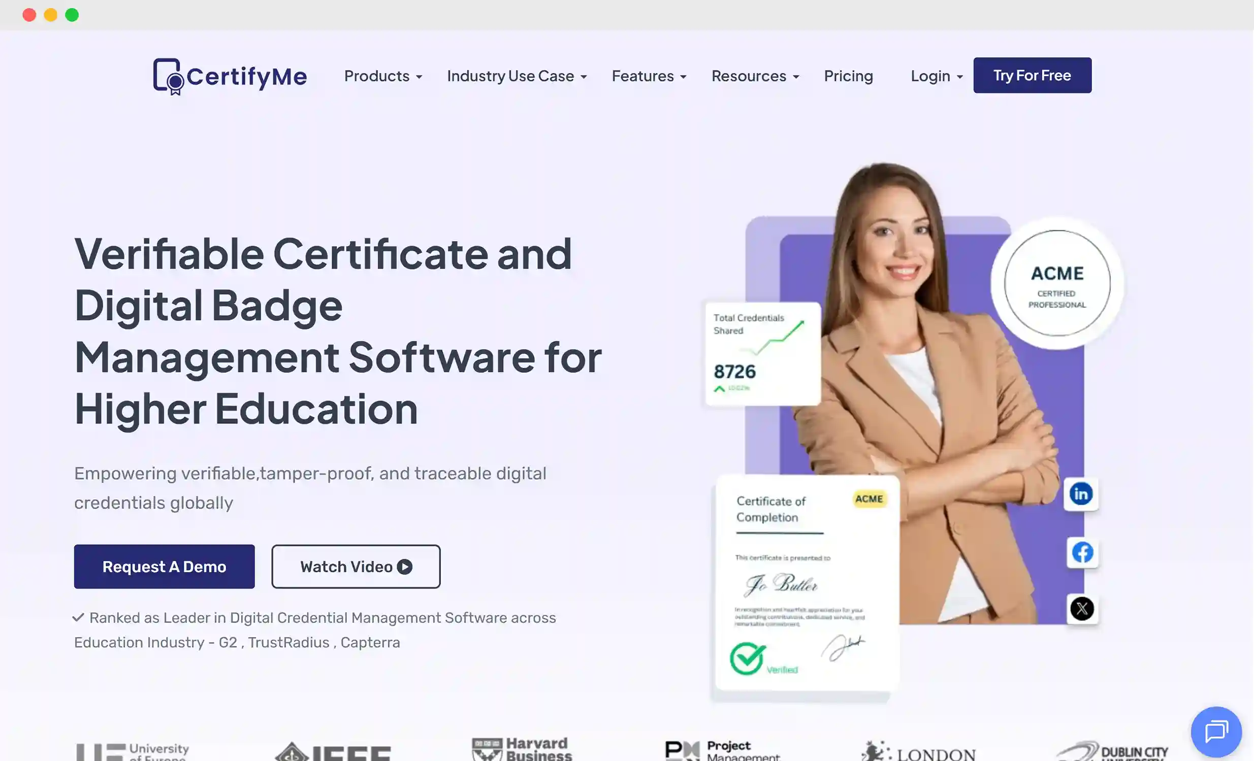 CertifyMe website promoting its certificate and badge management software CertifyMe website promoting its certificate and badge management software