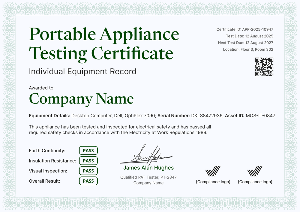 Pat Testing Paperwork Pat Test Certificate Requirements