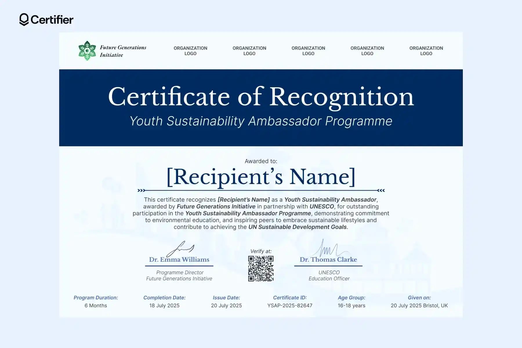 Sustainable certificate template for youth recognition with blue title banner and light illustration background. Sustainable certificate template for youth recognition with blue title banner and light illustration background.