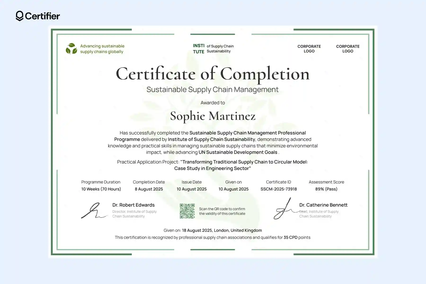 Sustainable development certificate template with green border, course fields; practical option for programs tied to sustainable development goals; suitable for educators. Sustainable development certificate template with green border, course fields; practical option for programs tied to sustainable development goals; suitable for educators.