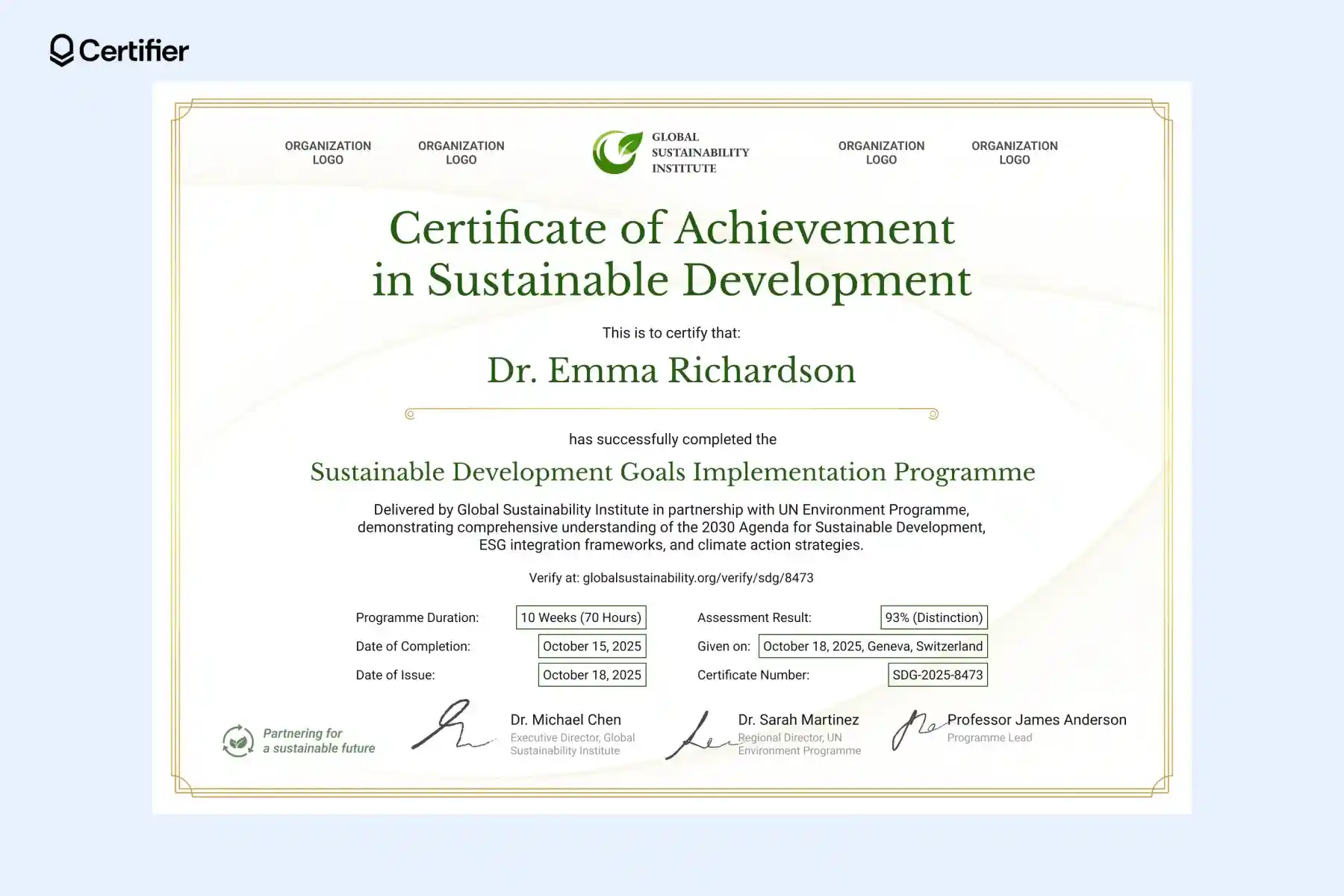 Sustainable growth certificate template with gold border and multiple logo placeholders; nice choice for global community and technology programs. Sustainable growth certificate template with gold border and multiple logo placeholders; nice choice for global community and technology programs.