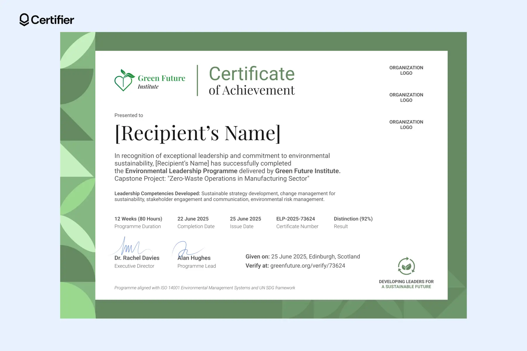 nvironmental compliance certificate template with green leaf border and structured certificate details. nvironmental compliance certificate template with green leaf border and structured certificate details.