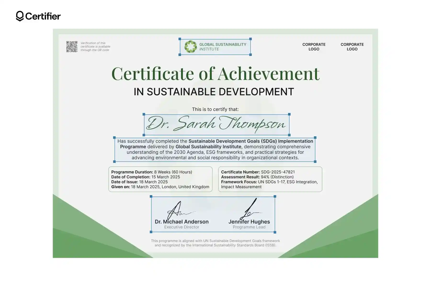 Sustainable growth certificate template with editable elements. Sustainable growth certificate template with editable elements.