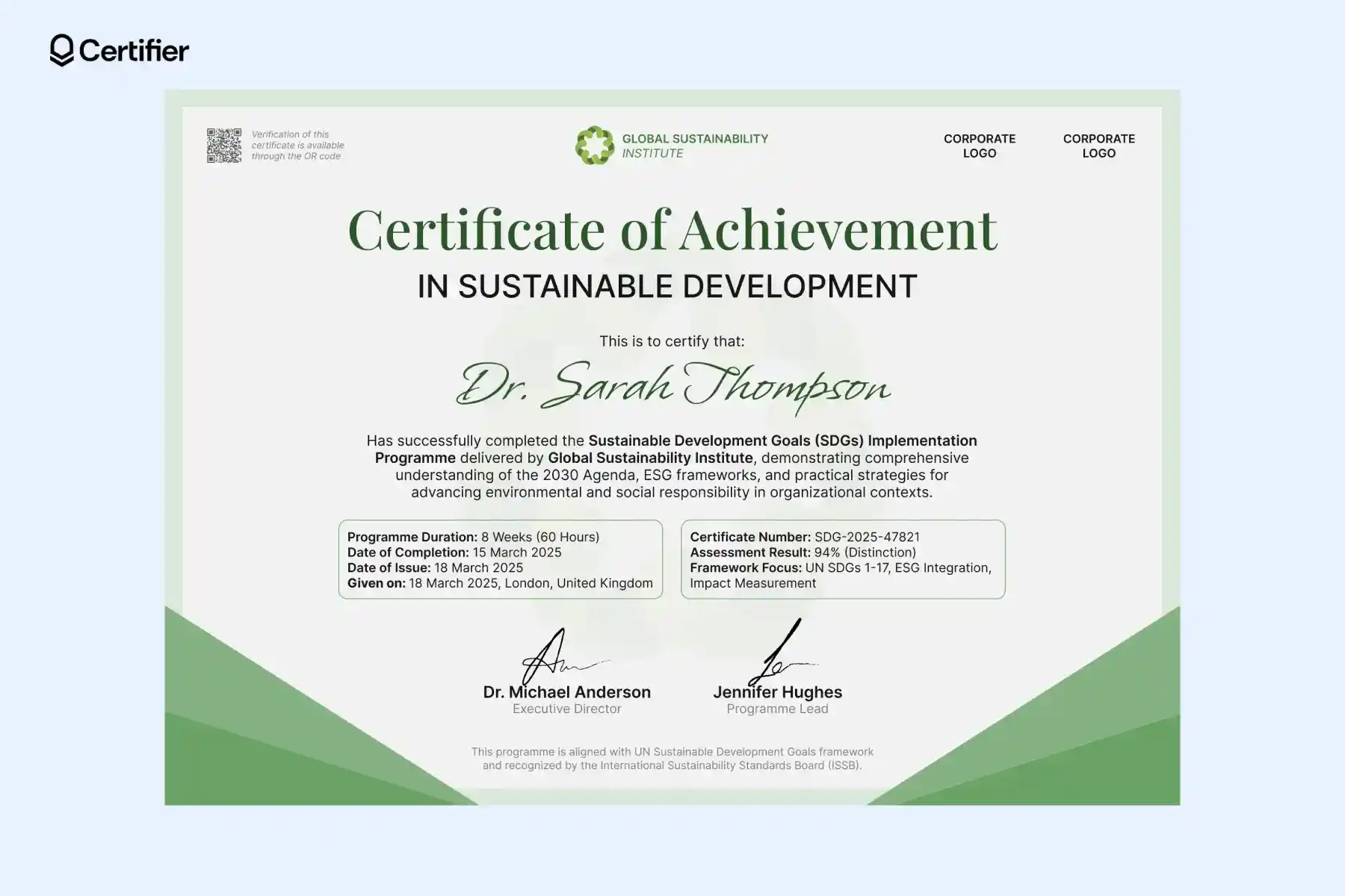Elegant sustainable development certificate template with green accents, multi-logo header and focus on a sustainable future. Elegant sustainable development certificate template with green accents, multi-logo header and focus on a sustainable future.