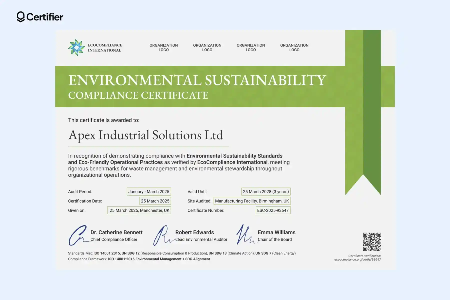 Environmental compliance certificate template with structured layout supporting environmental policy verification. Environmental compliance certificate template with structured layout supporting environmental policy verification.