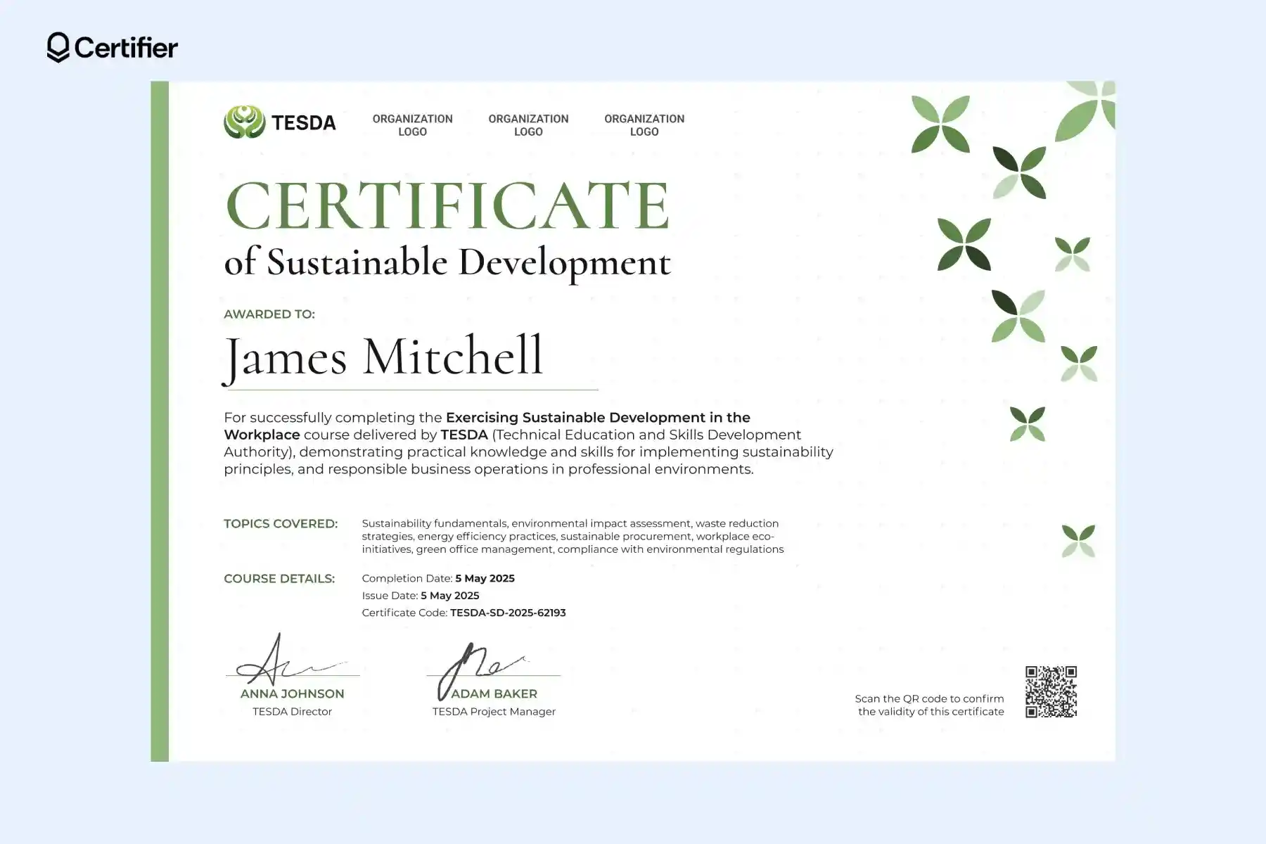 Sustainable development certificate template with structured course content, curriculum section and course fee details. Sustainable development certificate template with structured course content, curriculum section and course fee details.