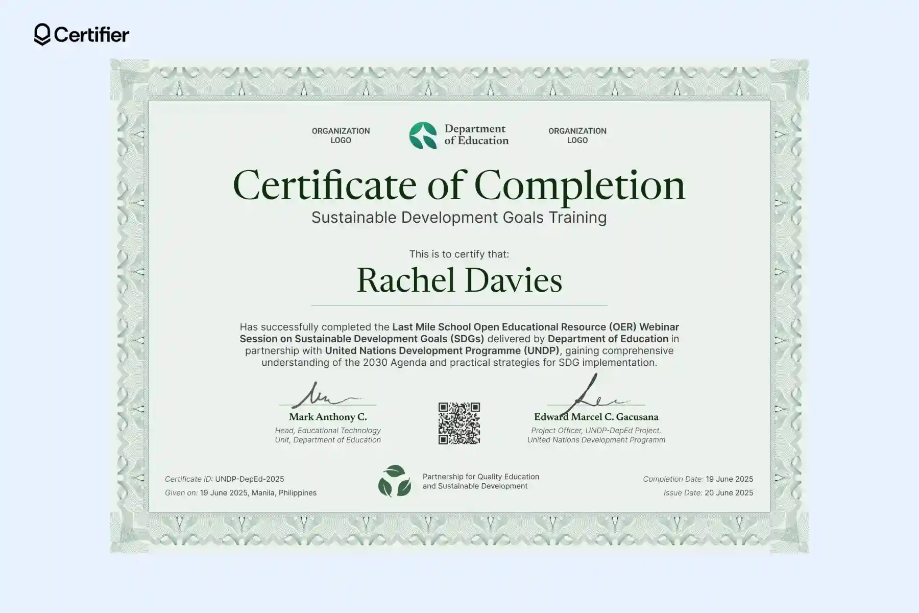 Environmental sustainability certificate template with classic layout for webinar completion aimed at working professionals. Environmental sustainability certificate template with classic layout for webinar completion aimed at working professionals.