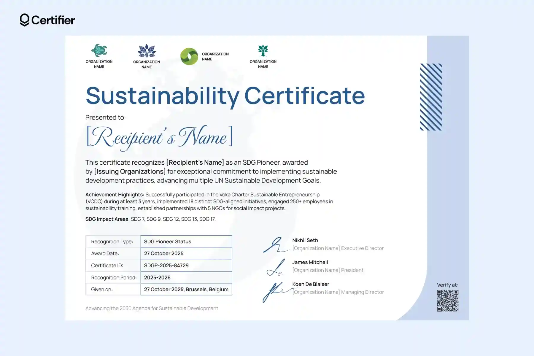 Modern sustainable development certificate template with clean layout highlighting global challenges and SDG recognition. Modern sustainable development certificate template with clean layout highlighting global challenges and SDG recognition.