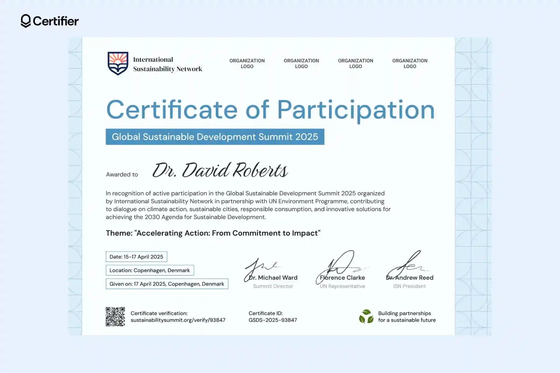 Sustainable certificate template with multi-logo header for event participation promoting social justice initiatives. Sustainable certificate template with multi-logo header for event participation promoting social justice initiatives.